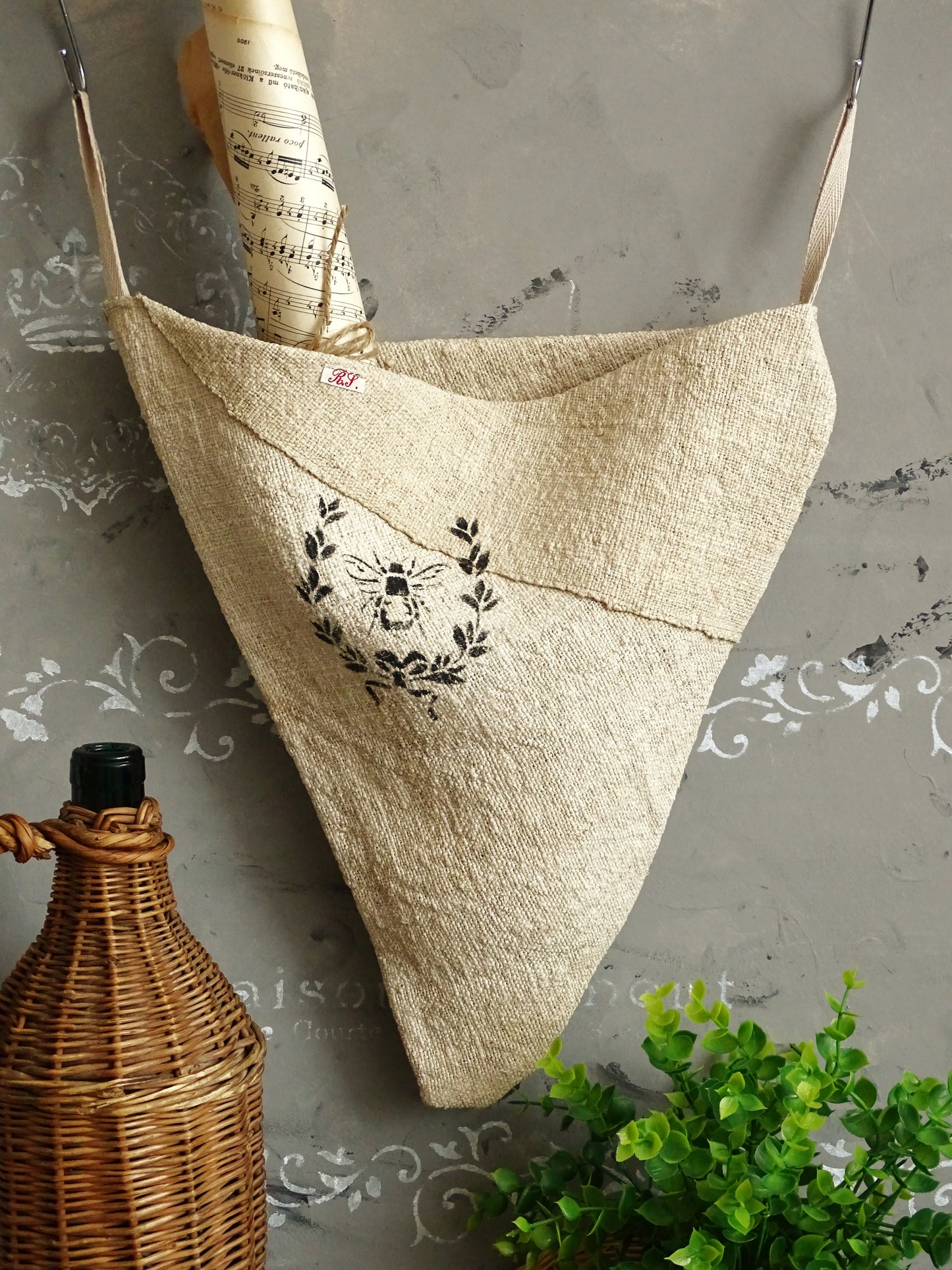 Cone Linen Wall Pocket, Antique Grain Sack Rustic Storage Bag