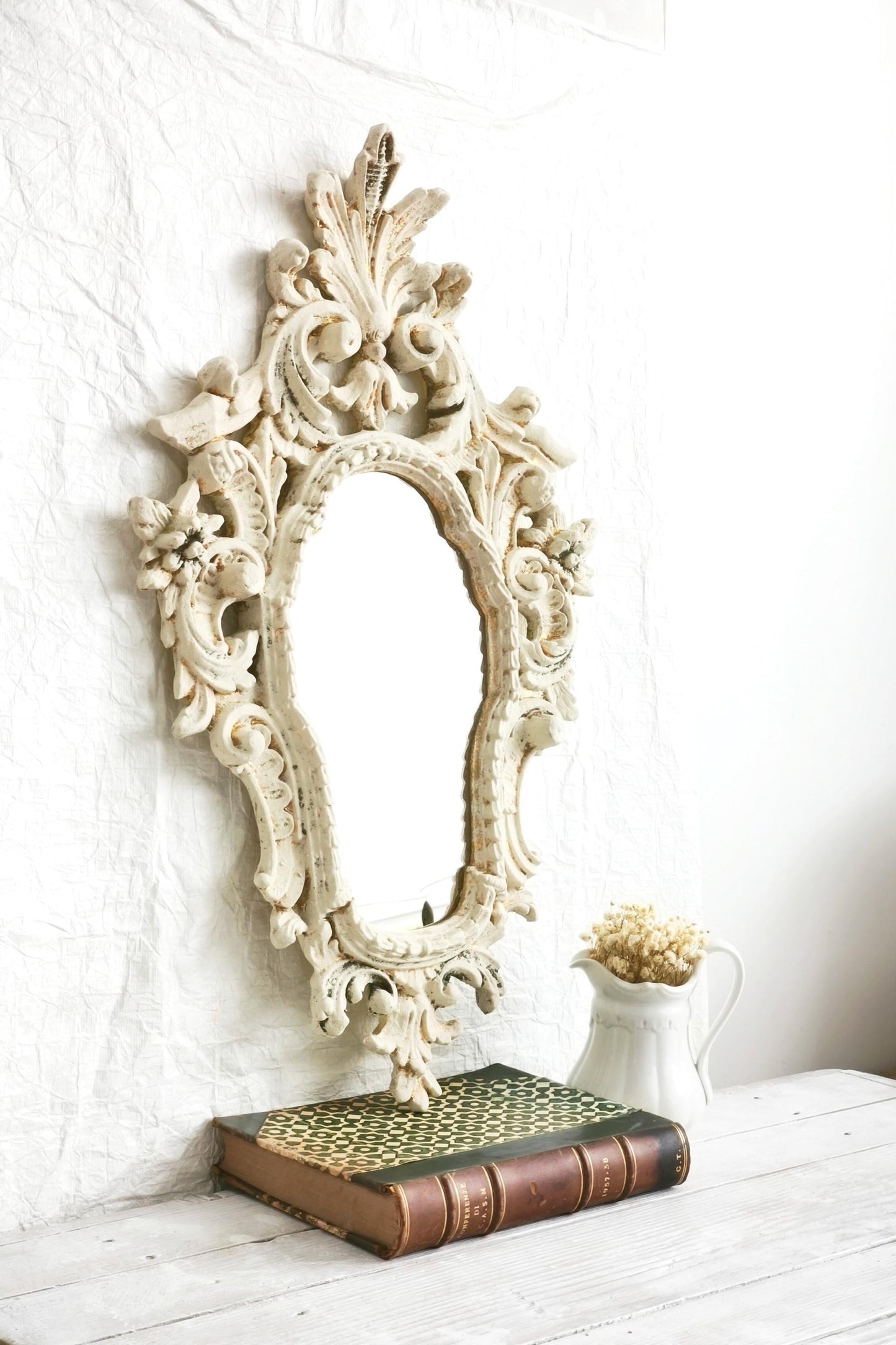 Large Carved Wood Wall Mirror, Framed Ornate Rocaille Distressed White Oval Vanity Boudoir Mirror, Statement Wall Decor
