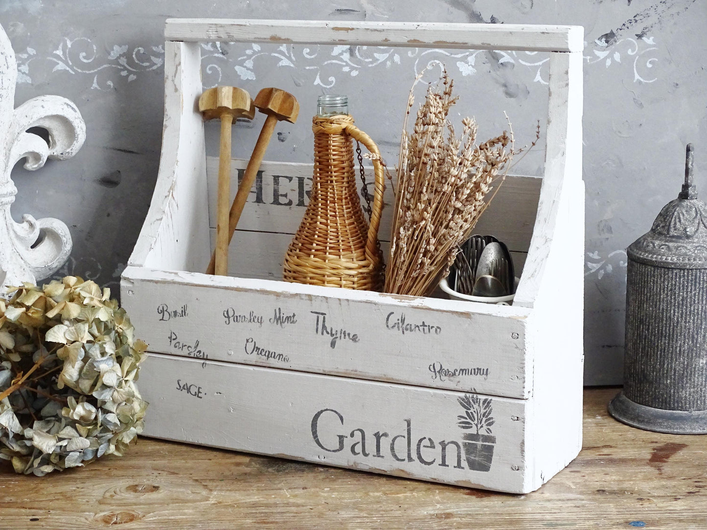 White Wood Toolbox with Handle, Caddy, Carpenter Tool Box, Garden Tote, Farmhouse Tool Carrier, Compartment Storage Box, Wood Trug Basket