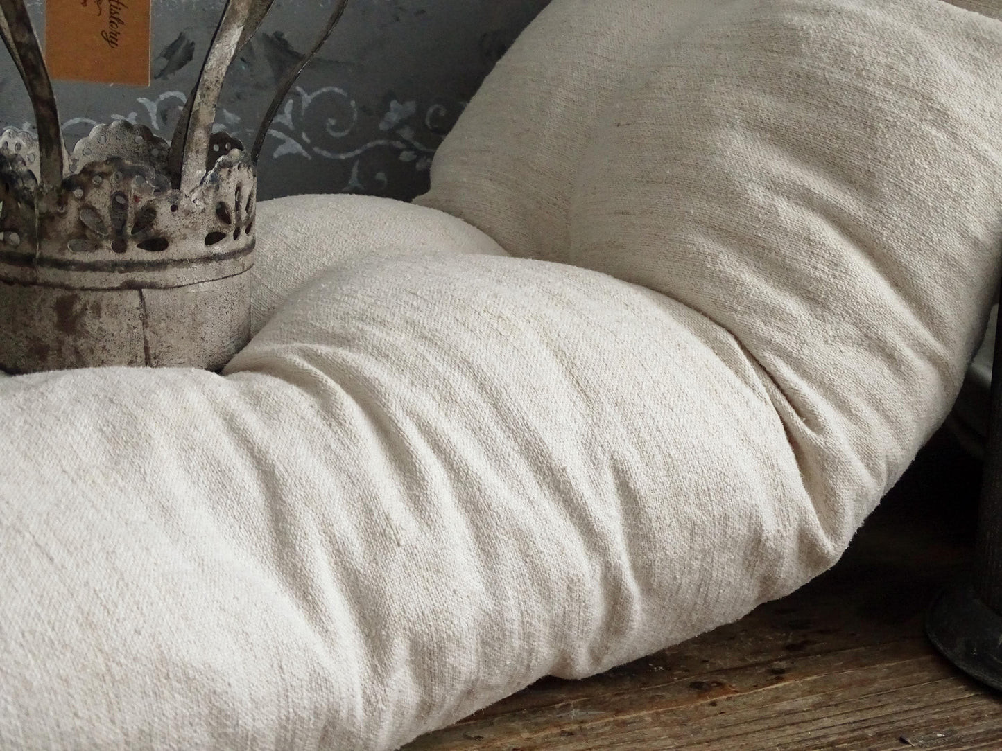 Antique Grain Sack Bench Cushion, Red Stripe Tufted Pillow, Washed Linen Seat Pad