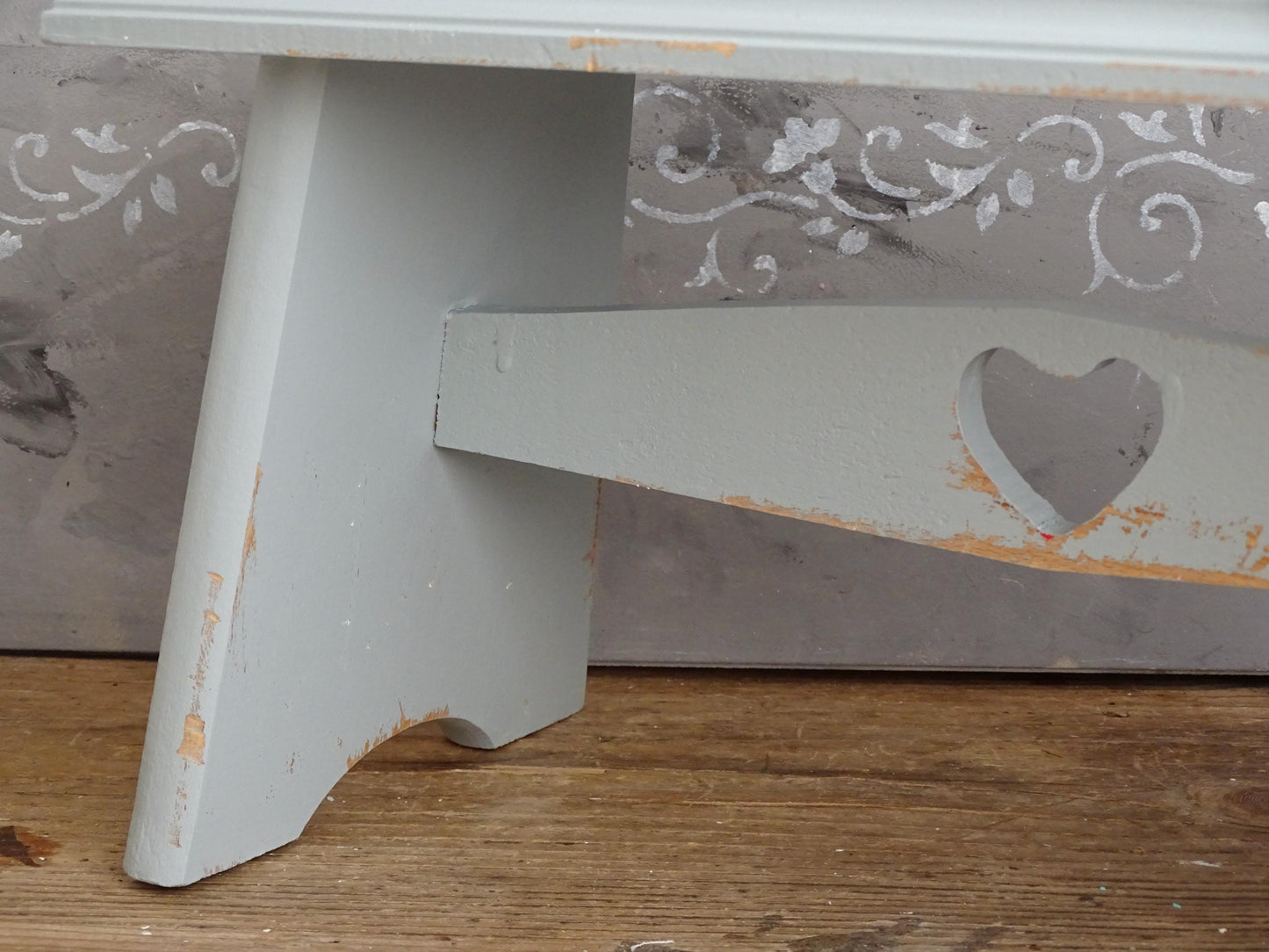 Blue Wood Step Stool Carved Heart, Rustic Farmhouse Plant Stand Bench