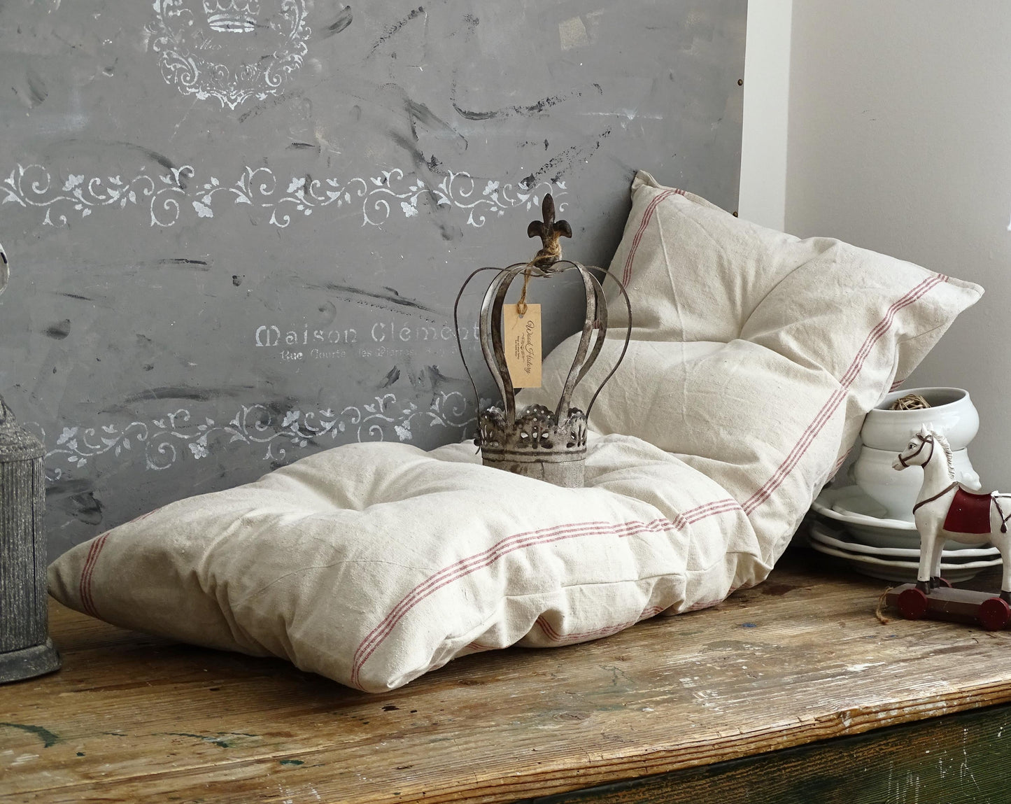 Antique Grain Sack Bench Cushion, Red Stripe Tufted Pillow, Washed Linen Seat Pad