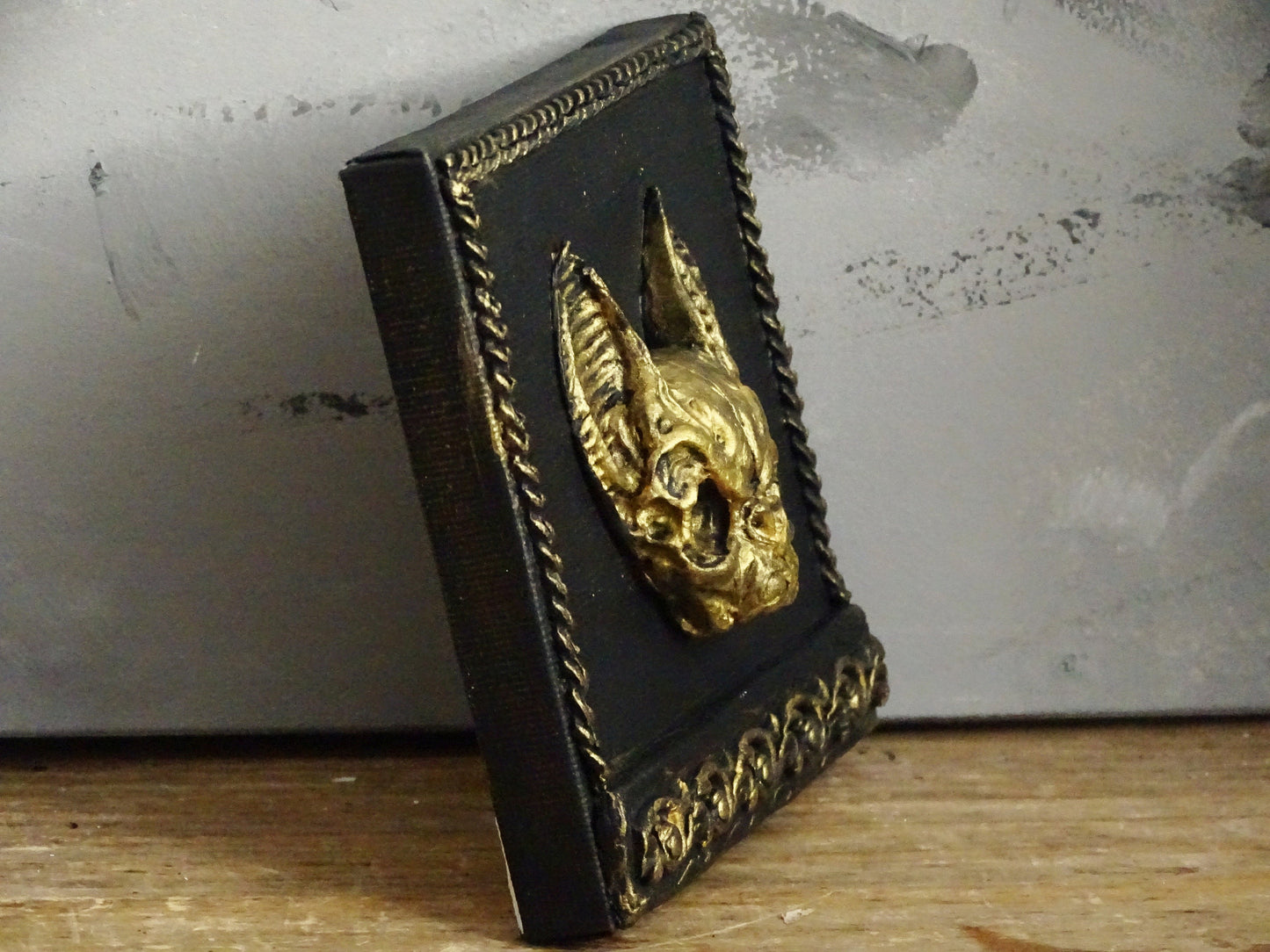 Black Gold Bat Skull Wall Plaque: Framed Faux Taxidermy Wall Sculpture
