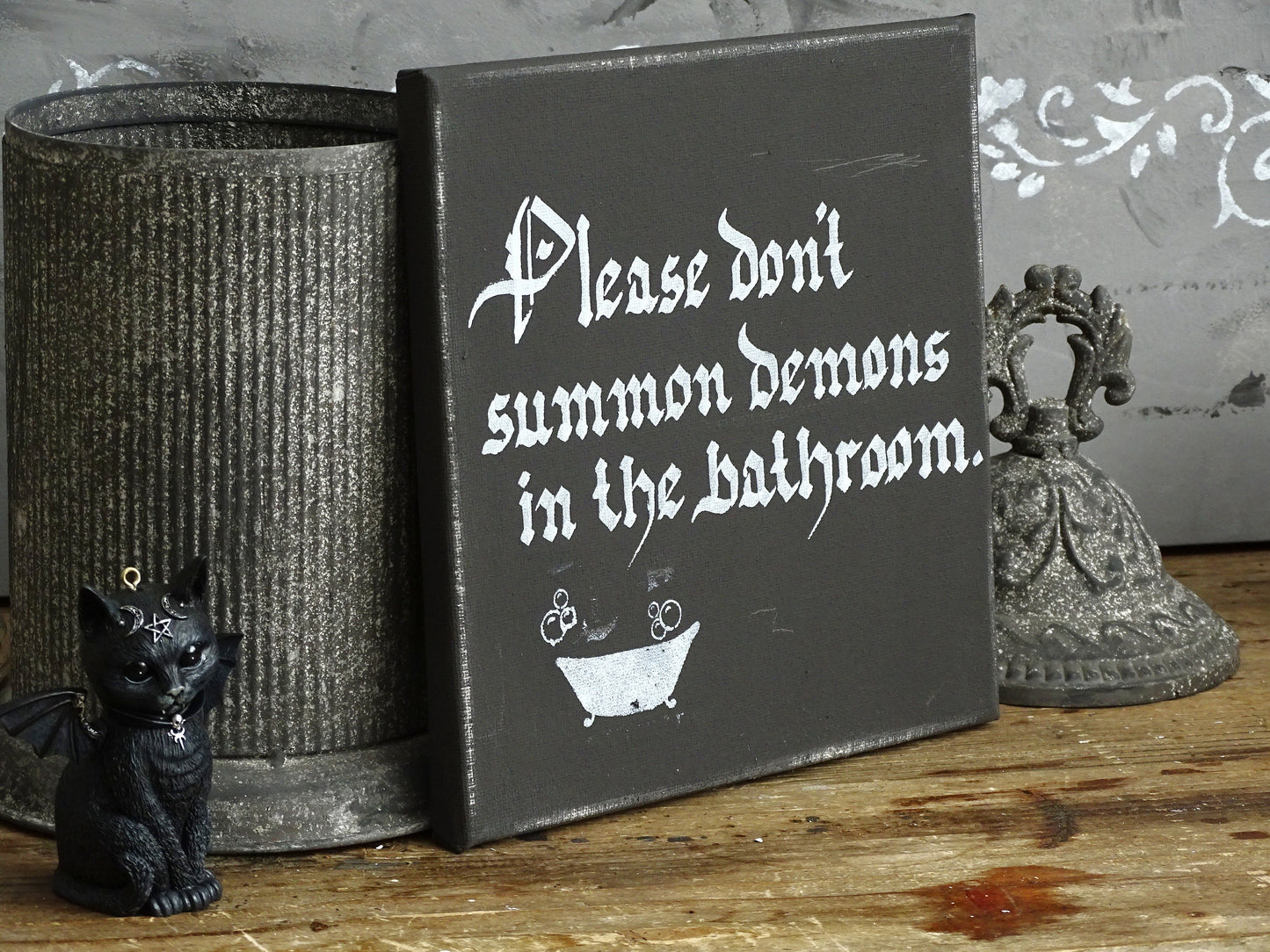 Gothic Bathroom Canvas Sign, Funny Demon Art, Hand-Lettered