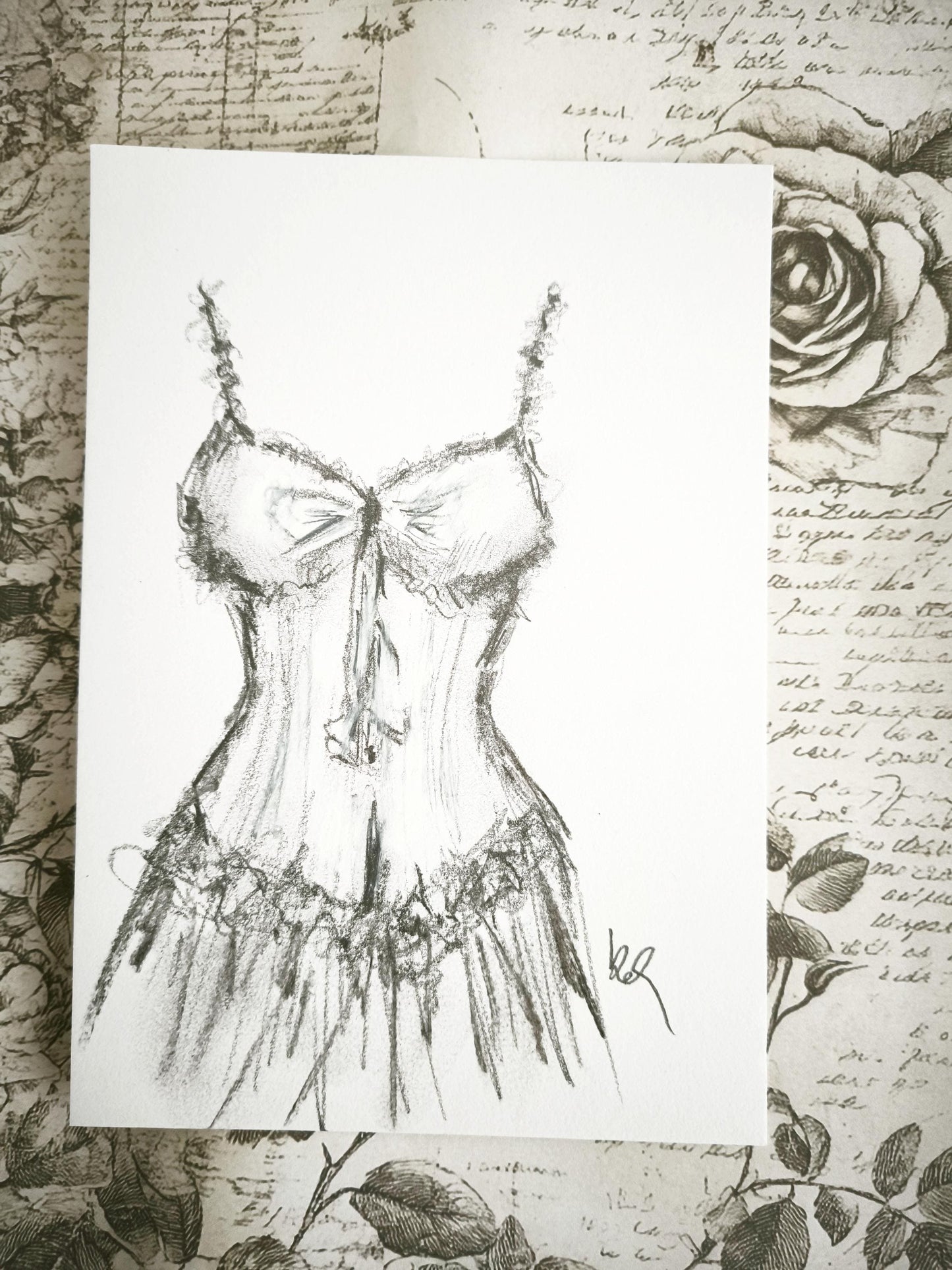 Original Charcoal Corset Sketch Drawing, French Fashion Lingerie Artwork, Ballet Tutu Dress Art