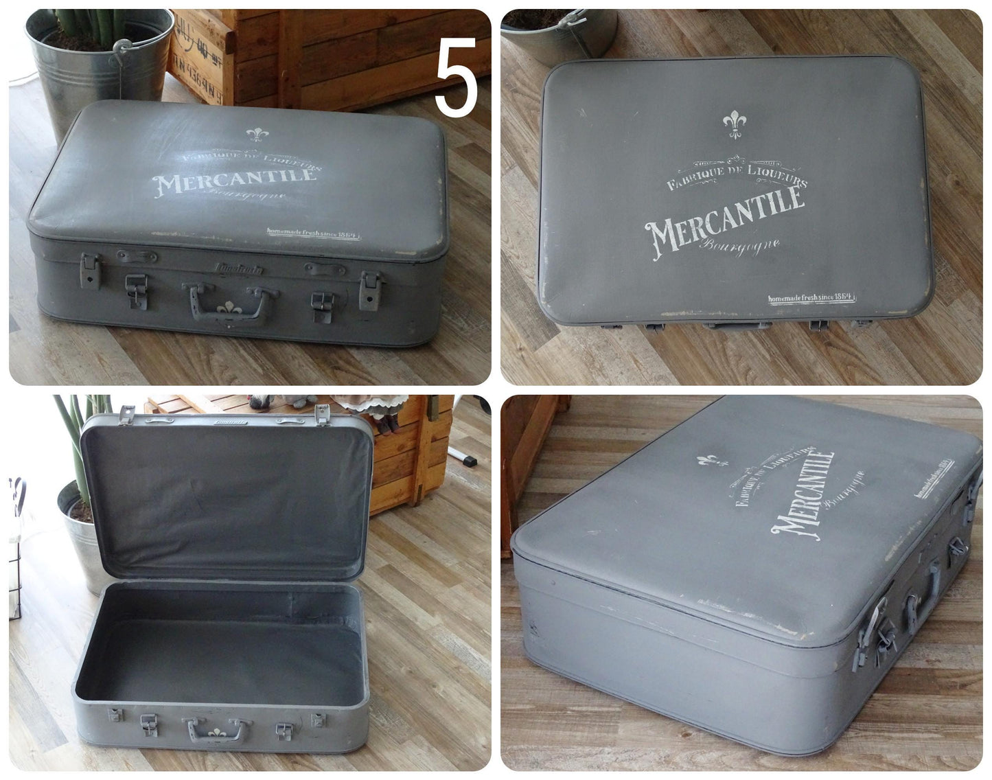 White or Gray Suitcase, Shabby Chic Painted French Stackable Travel Luggage Leather Suitcase, Wedding Cards Storage Organizer