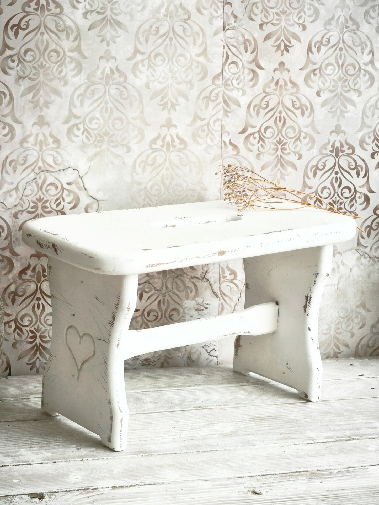 White Wood Step Stool Carved Heart, Rustic Farmhouse Plant Stand Bench