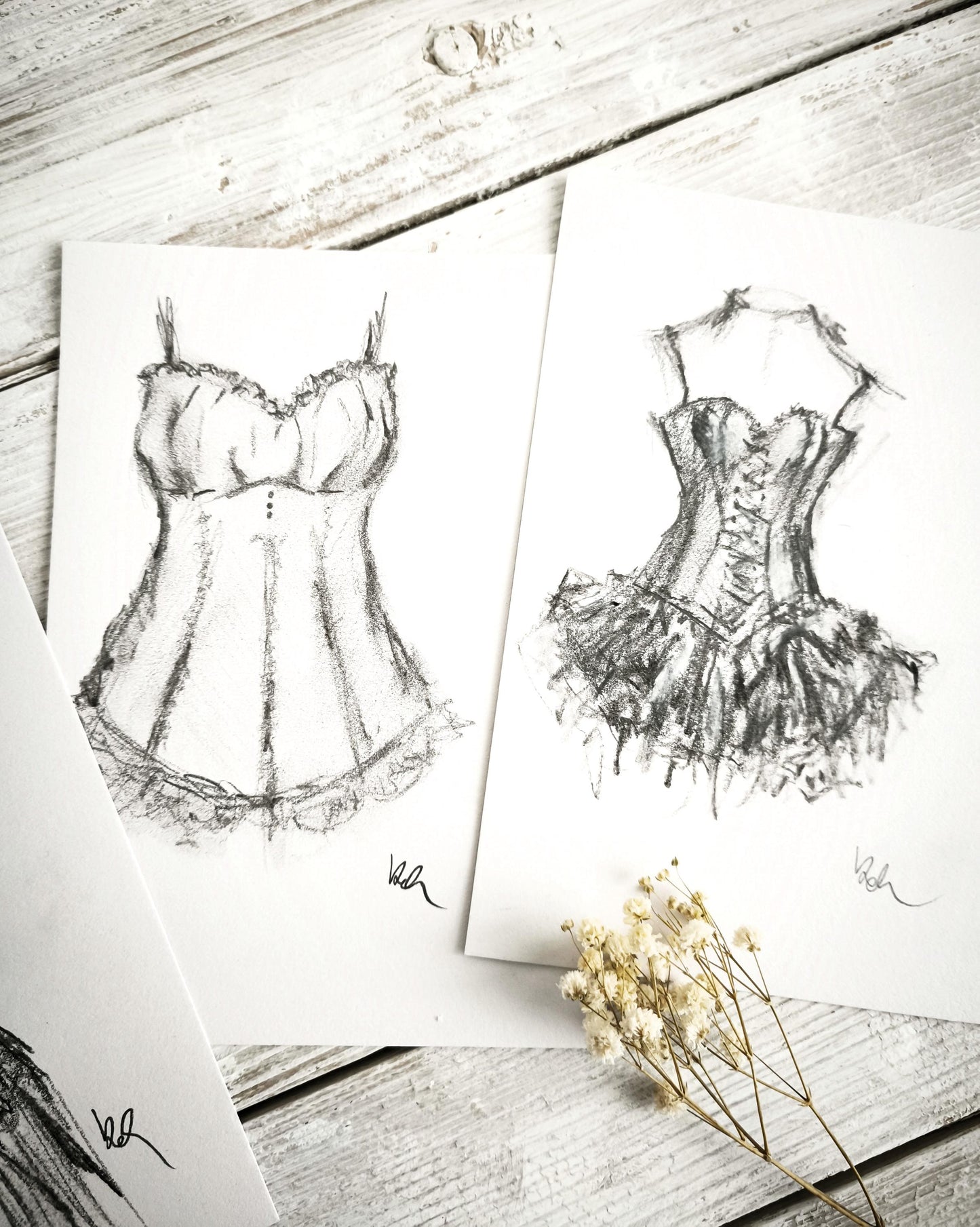 Original Charcoal Corset Sketch Drawing, French Fashion Lingerie Artwork, Ballet Tutu Dress Art