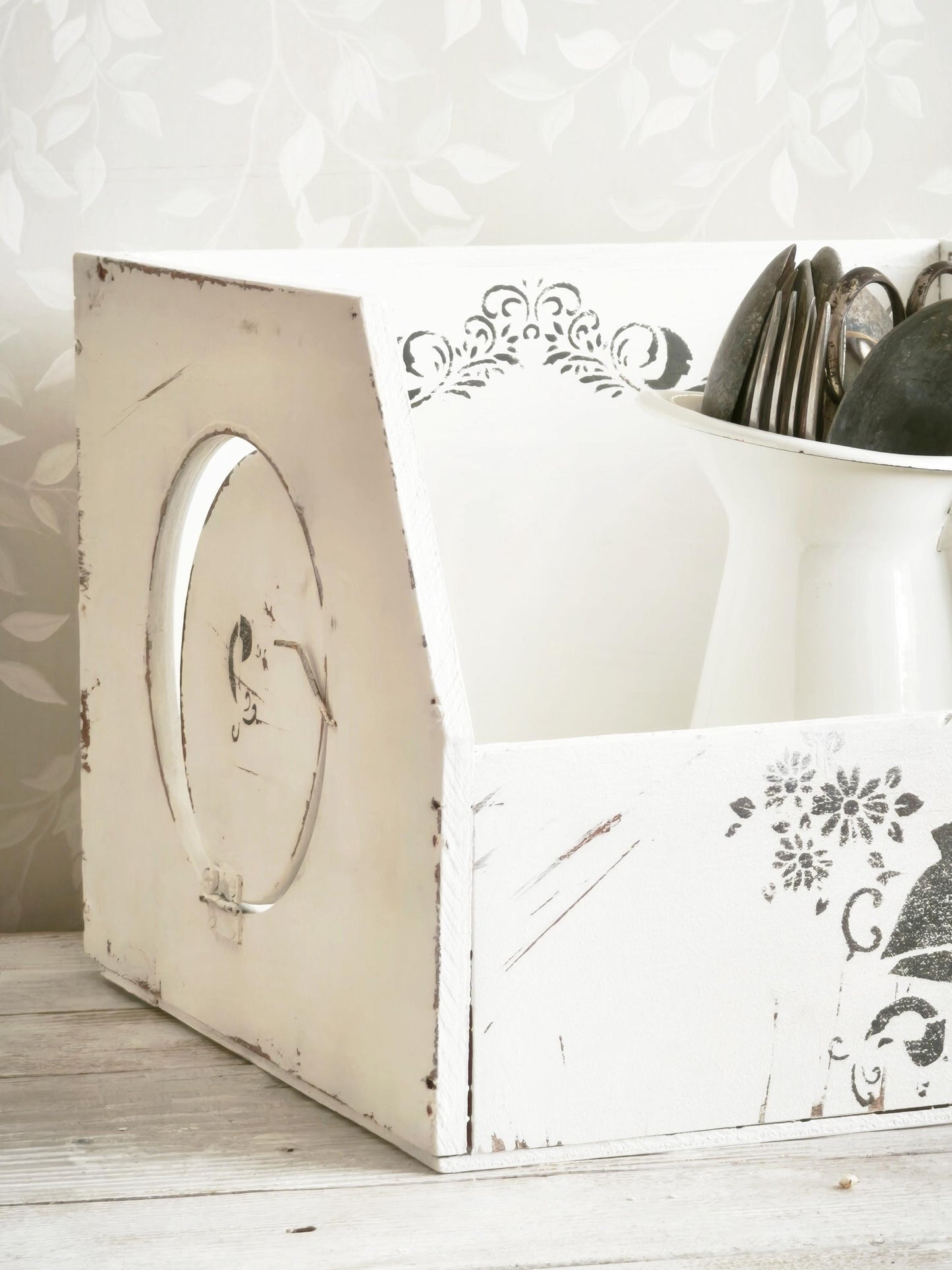 White Wood Storage Box w/ Side Opening, Crate, Tray, Shabby Chic, Large Kitchen Counter Display Box, Modern Farmhouse Decor