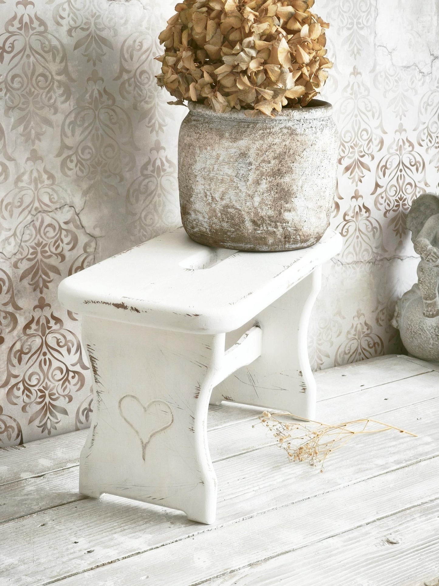 White Wood Step Stool Carved Heart, Rustic Farmhouse Plant Stand Bench