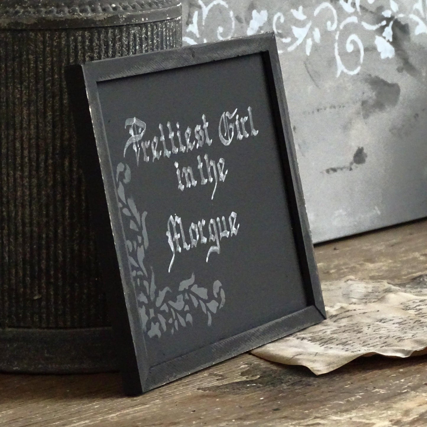 Prettiest Girl in the Morgue. Gothic Original Artwork on Wood, Hand Painted, Hand Lettered
