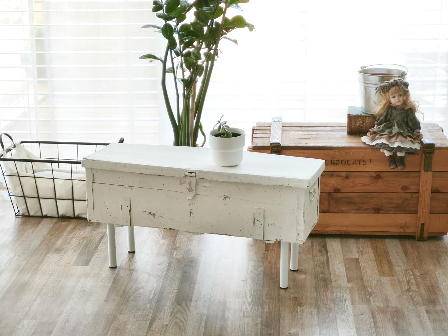 Antique White Wood Storage Bench: Shabby Chic Farmhouse Trunk, Industrial Legs