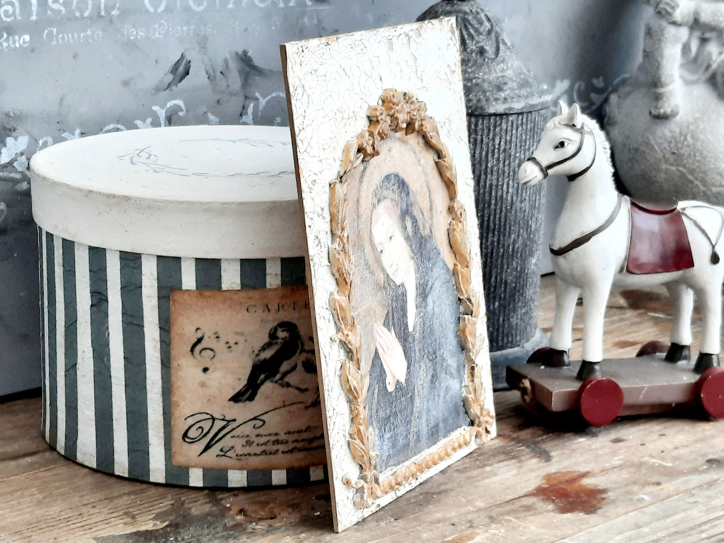 Holy Mary Icon Plaque, Handmade French Decor