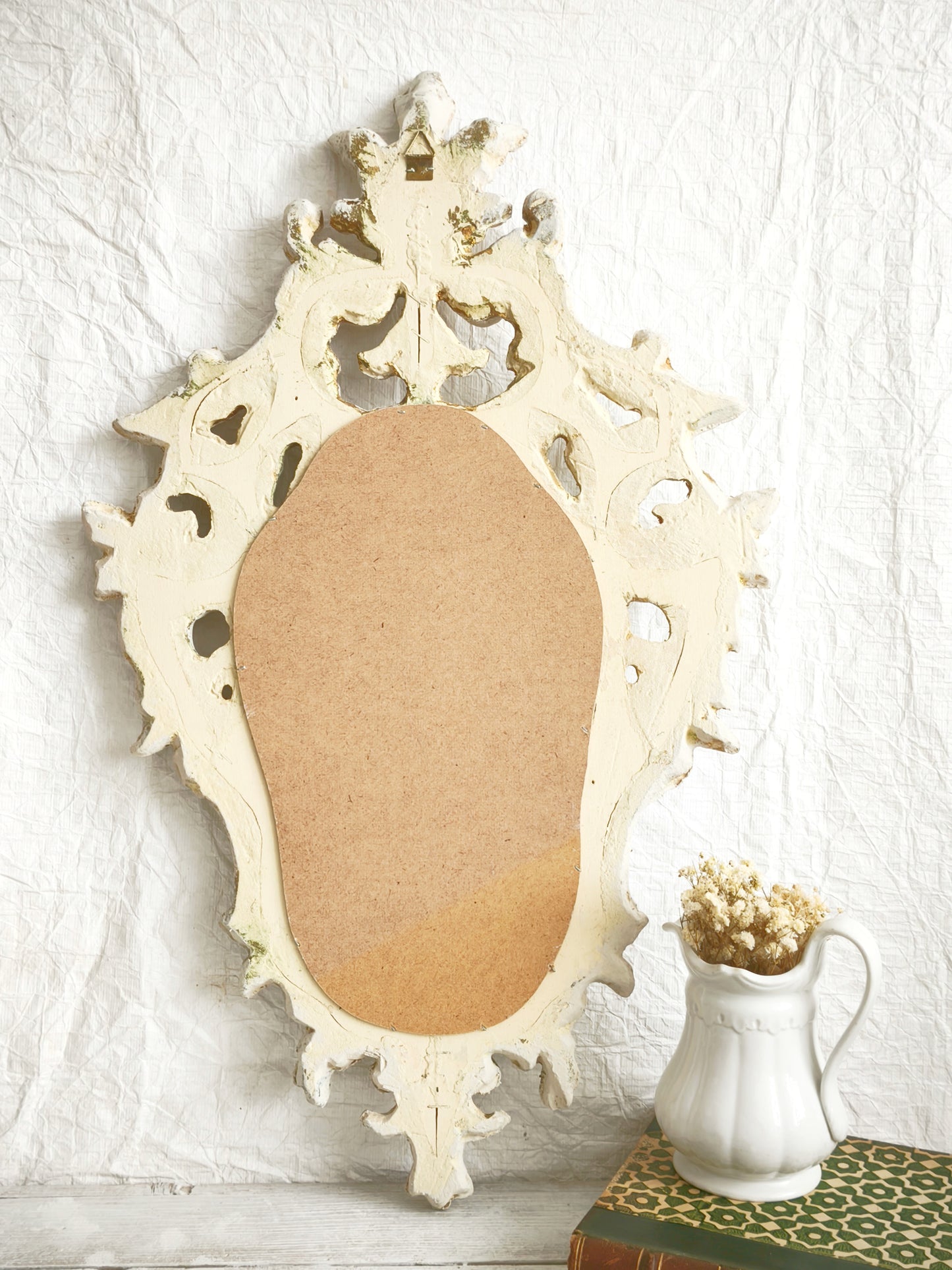 Large Carved Wood Wall Mirror, Framed Ornate Rocaille Distressed White Oval Vanity Boudoir Mirror, Statement Wall Decor