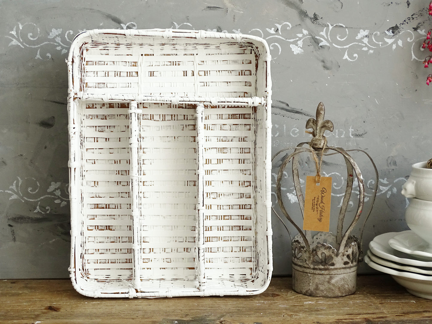 White Wicker Flatware Tray, Cuttlery Caddy Holder, Compartment Divided Box, Drawer Organizer, Shadow Box