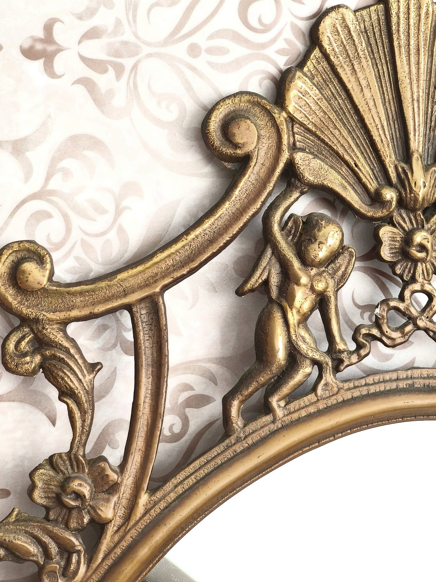 Large Antique Brass Wall Mirror With Cherubs, Oval Ornate Rocaille Design