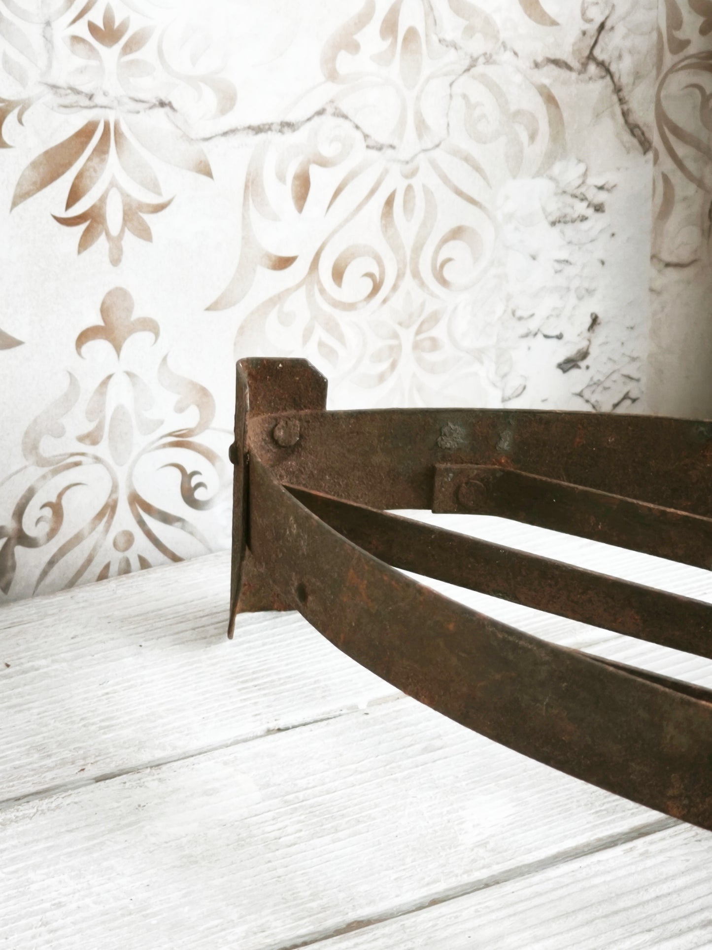 Antique Hand Forged Iron Trivet Wooden Handle