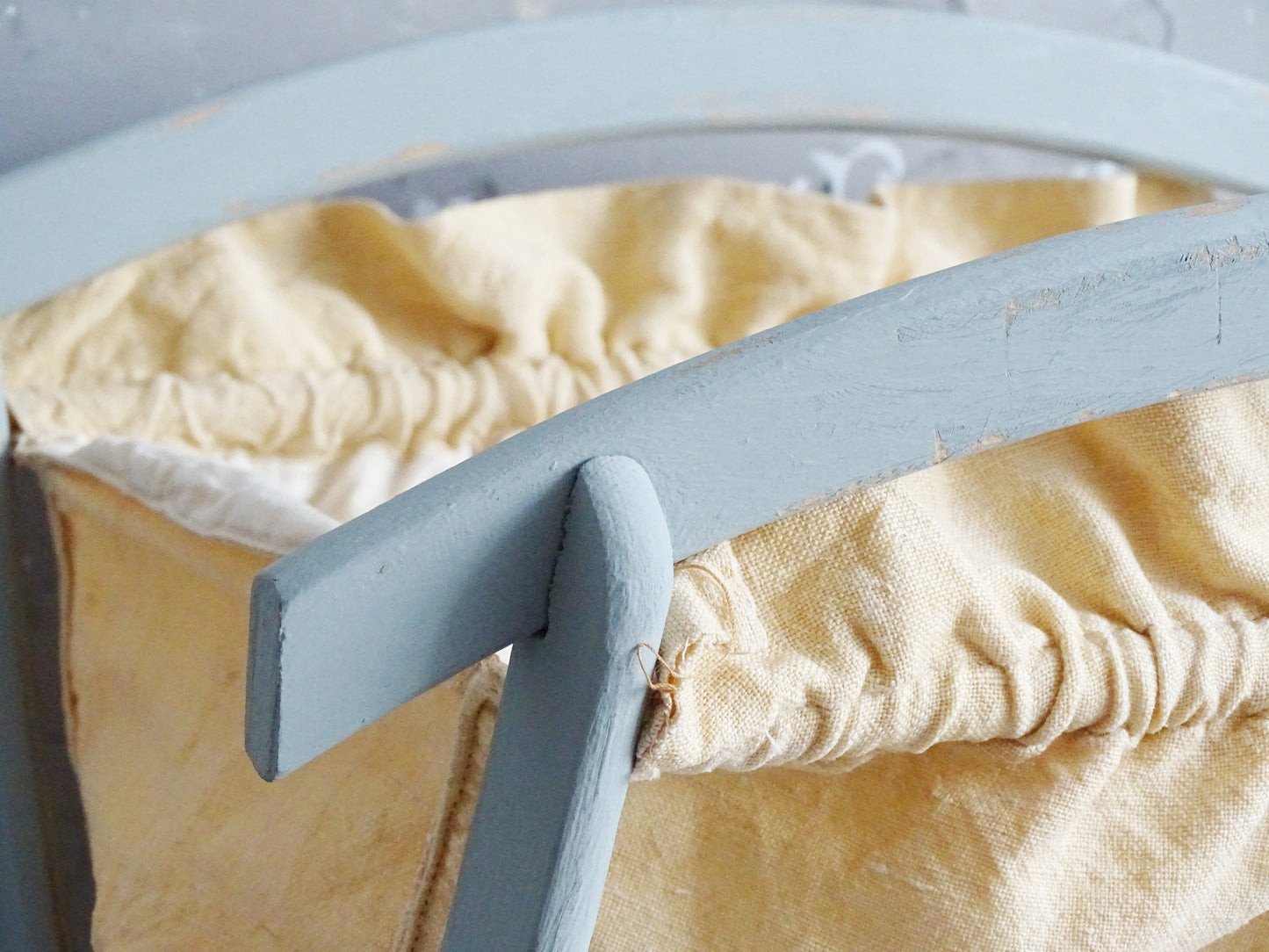 Vintage Blue Wood Magazine Rack With Ochre Beige Embroidery Floral Fabric