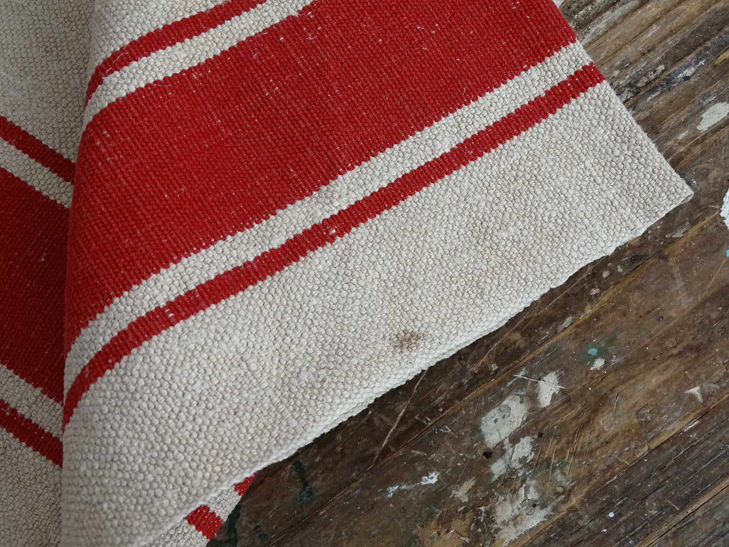 Set Of 2 Antique French Linen Tea Towels: Red Stripes, Unused 1900s Torchon