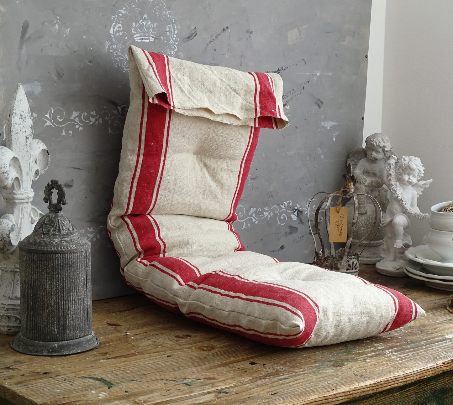Antique Grain Sack Bench Cushion, Red Stripe Tufted Pillow, Washed Linen Seat Pad