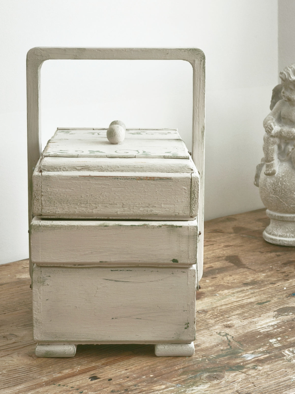 Antique Large Accordion Sewing Box: Shabby Chic Off White Wood Expandable Storage
