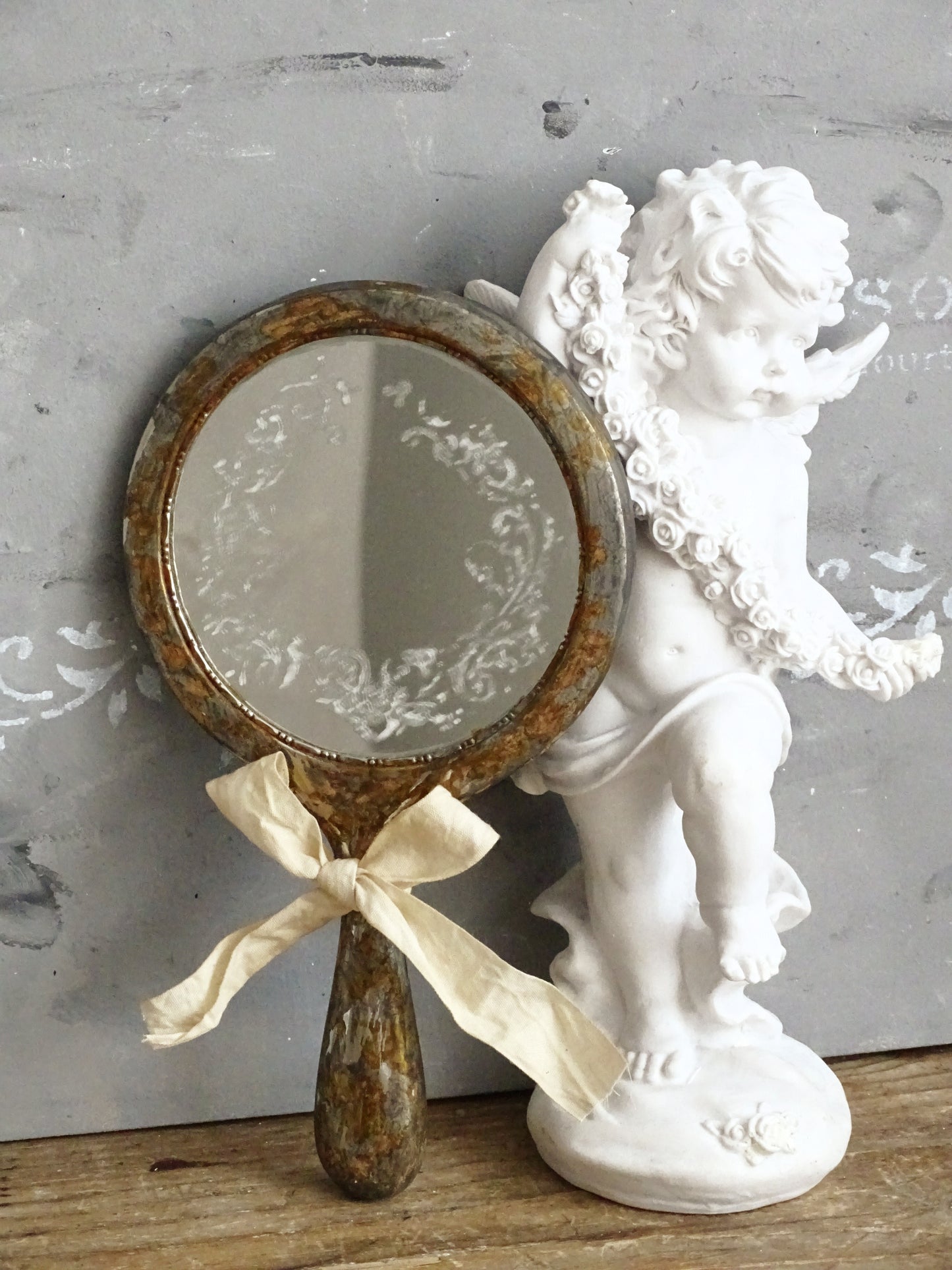 Aged Metal Hand Mirror with Bow, Makeup Mirror