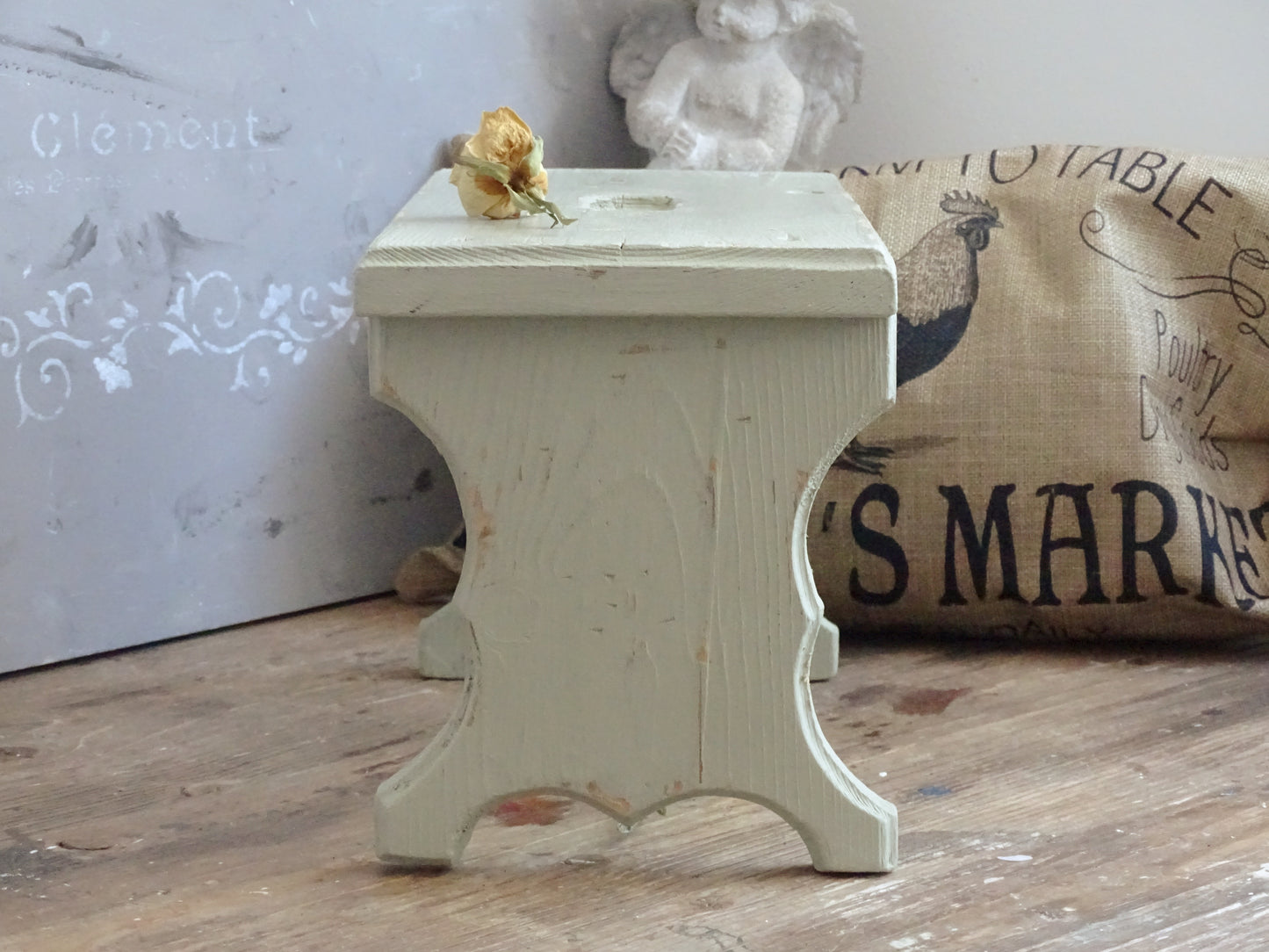 Distressed Green Wood Step Stool, Primitive Farmhouse Milking Stool, Plant Stand Bench