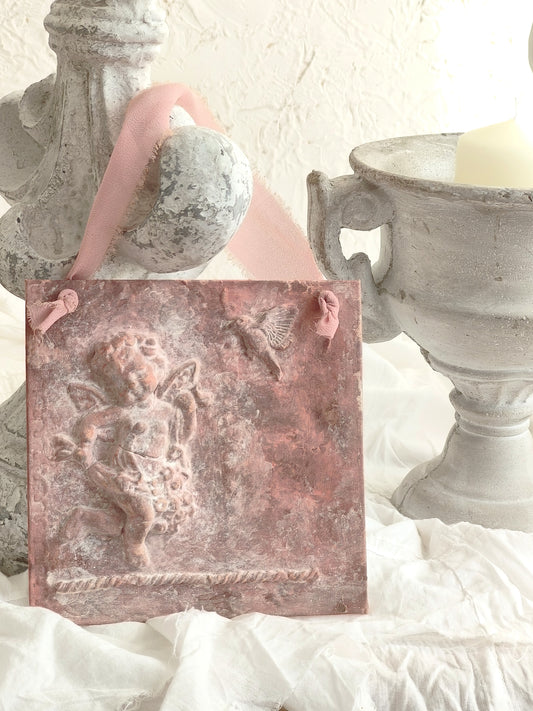 Dusty Pink Plaster Cherub Bird Plaque, Cottagecore Wall Decor