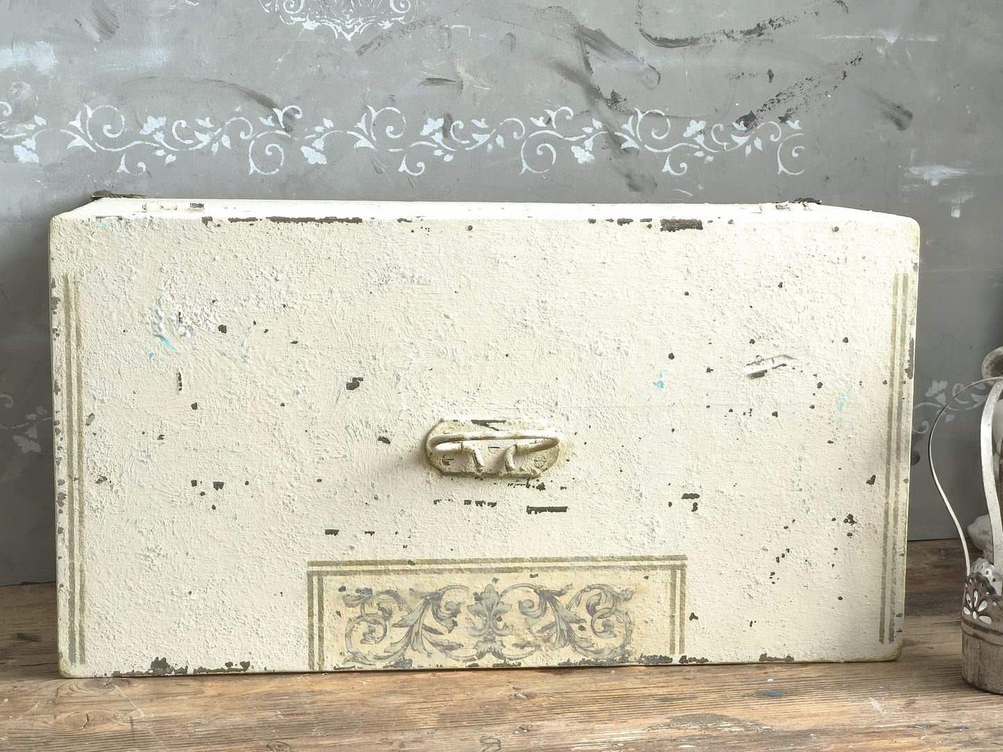 Antique Creamy Wooden Trunk Chest, Distressed Furniture