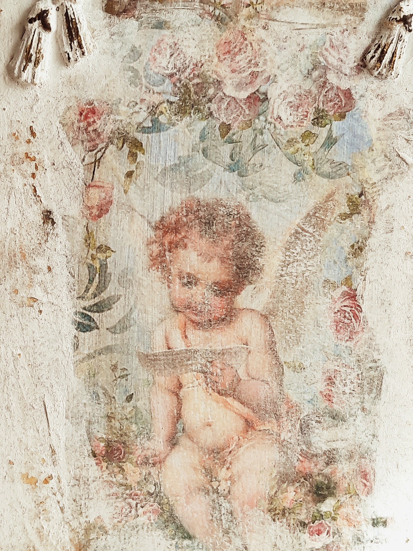 Baroque Cherub Angel French Wall Panel, Floral Cherub Picture Plaque, Shabby Chic Brocante Pediment, Antique Victorian Rococo Style Wall Art