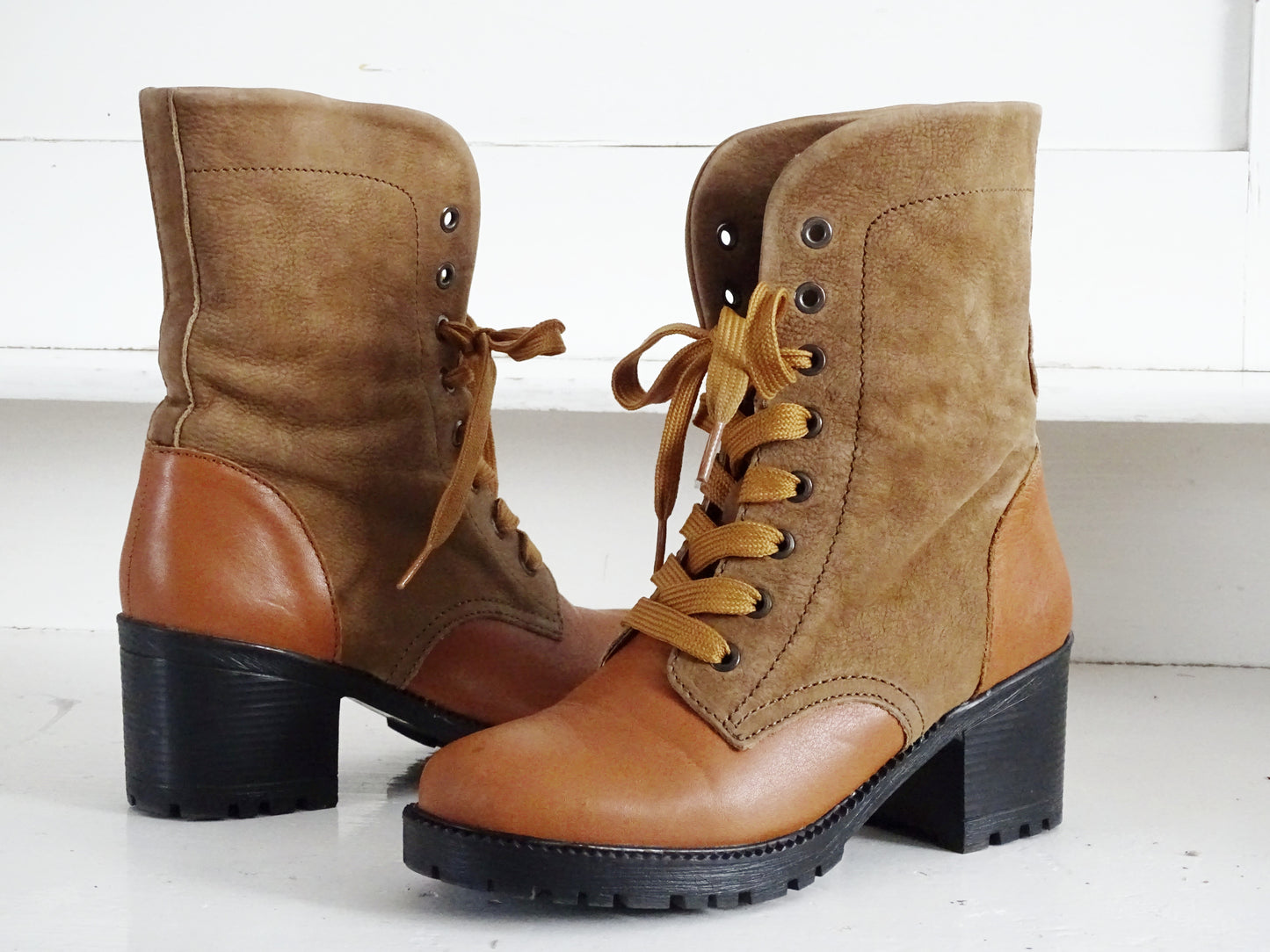 Brown Suede Leather Ankle Boots, Orange Faux Leather, Lace Up, Chunky Heel, Cowboy Style