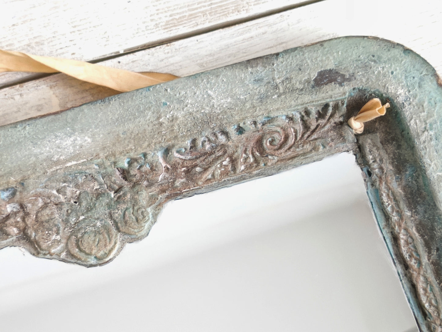 Romantic Blue Metal Wall Mirror With Floral Details And Hanging Ribbon, Distressed Shabby Chic Home Decor