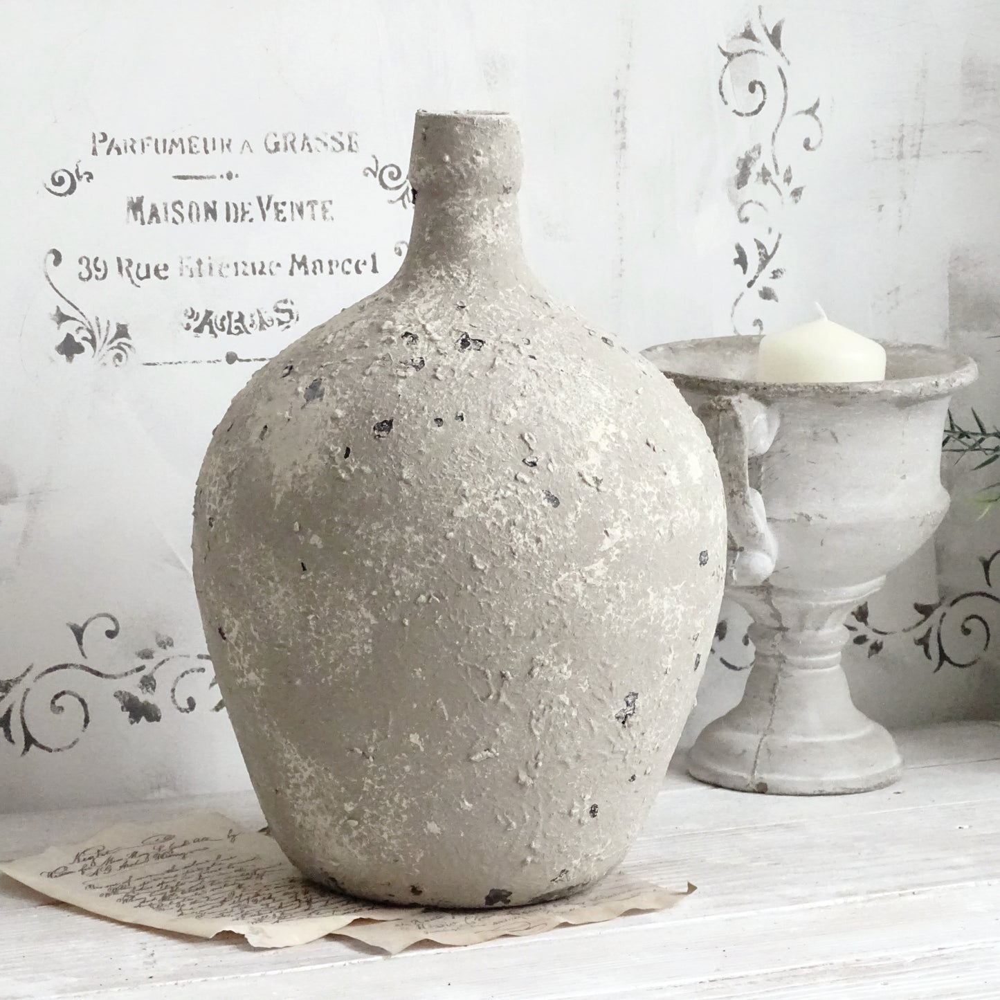 Distressed Gray Glass Bottle Vase with Stone Effect Finish