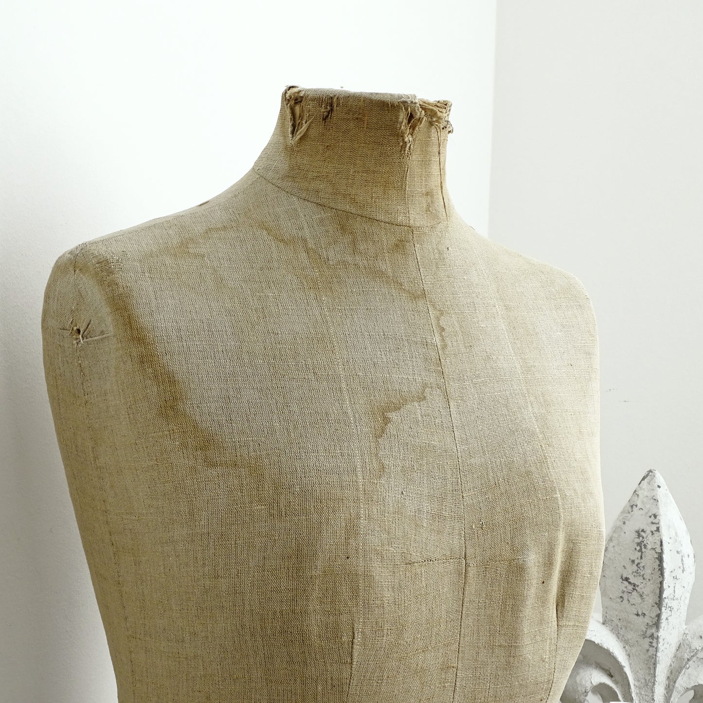 Antique French Mannequin: Tailor Dummy Female Dress Form, Oak Stand