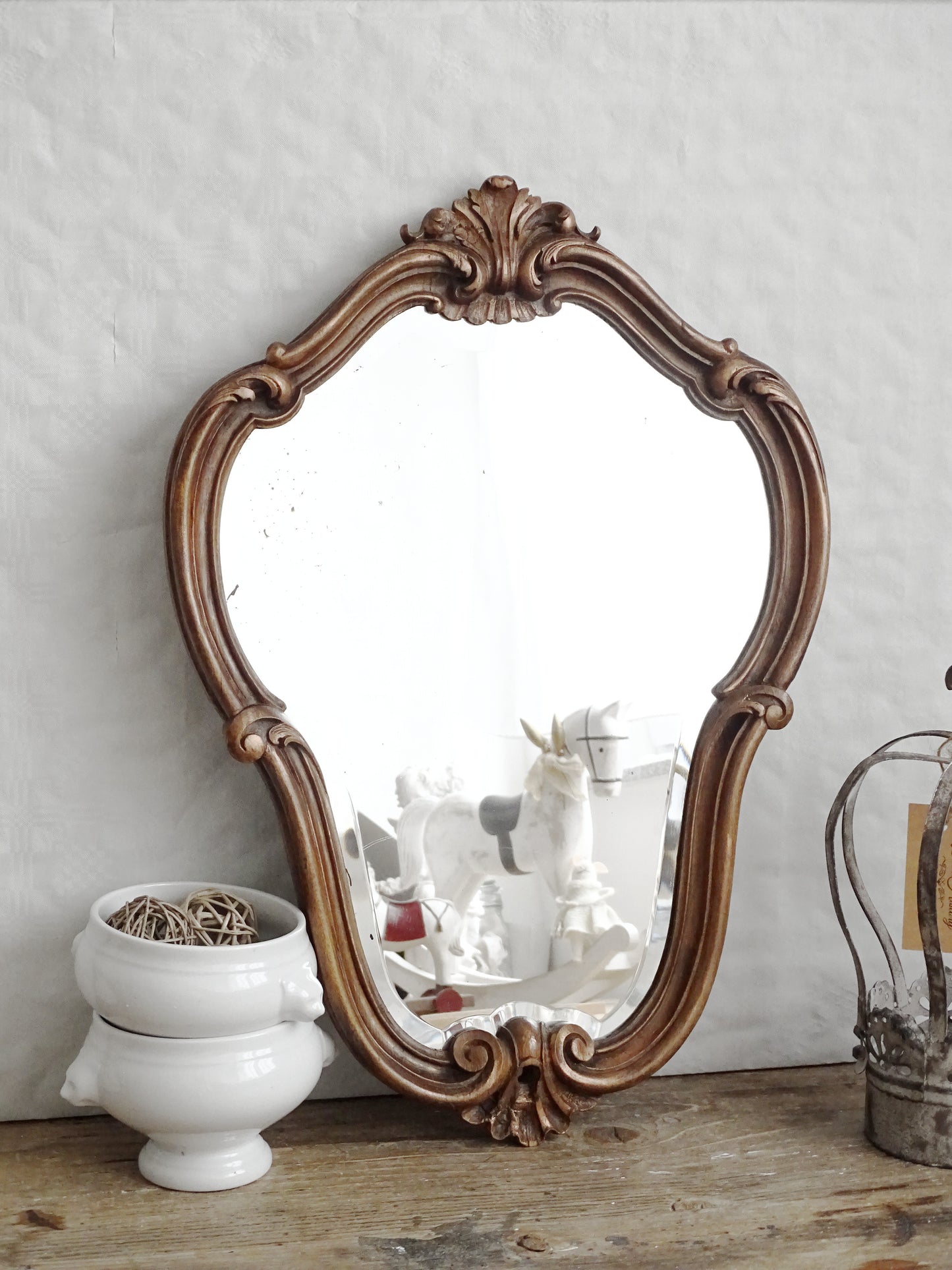 Antique Ornate Beveled Wall Mirror In Carved Wooden Frame, Baroque Style