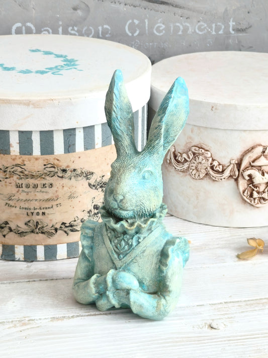 Turquoise Blue Rabbit Hare Bust Statue, Figurine, Ornament, Shabby Chic Decor