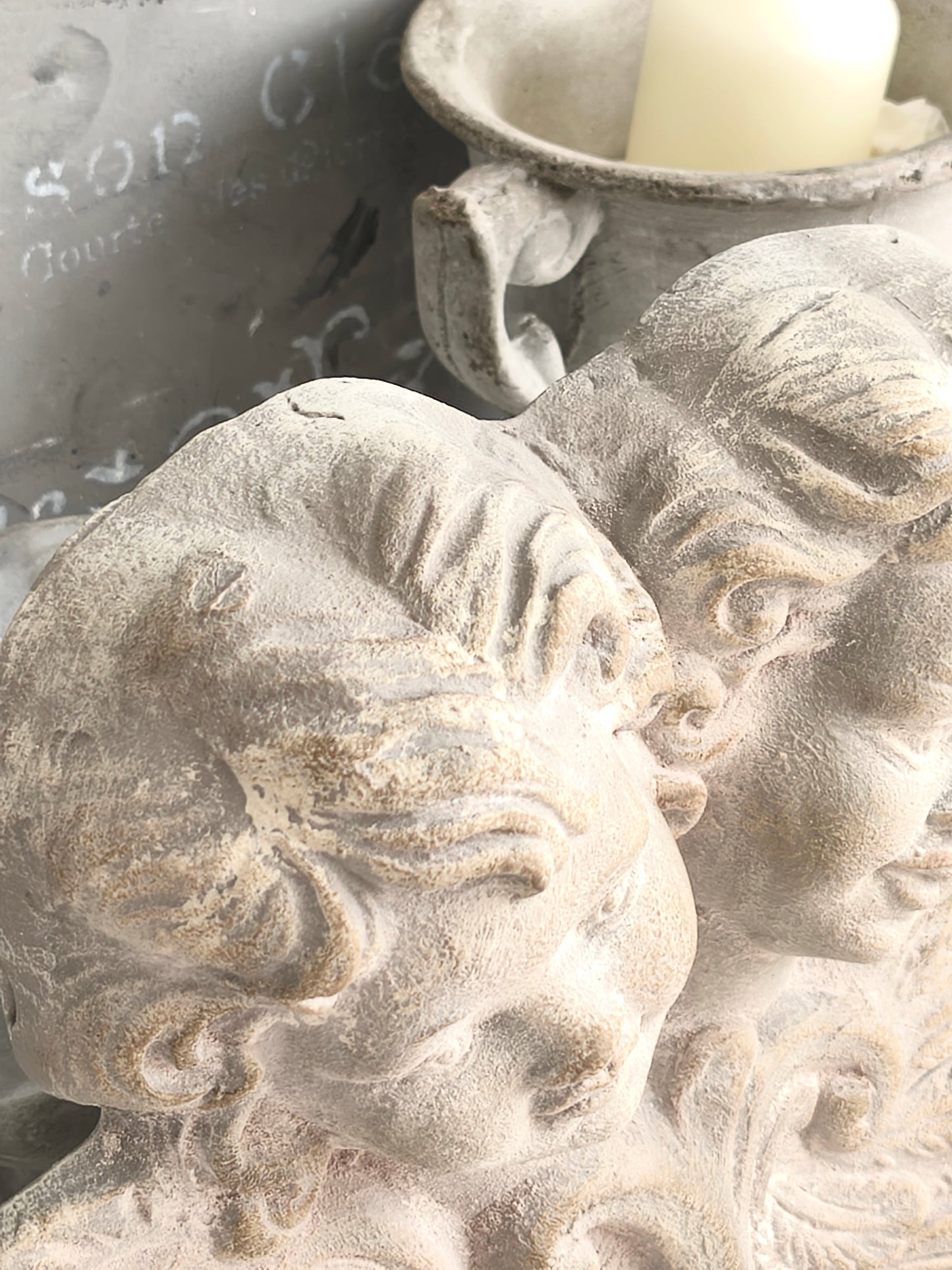 Large Plaster Cherubs Head Wall Sculpture, Bas Relief Chalkware Putti Angels, Shabby Chic Decor