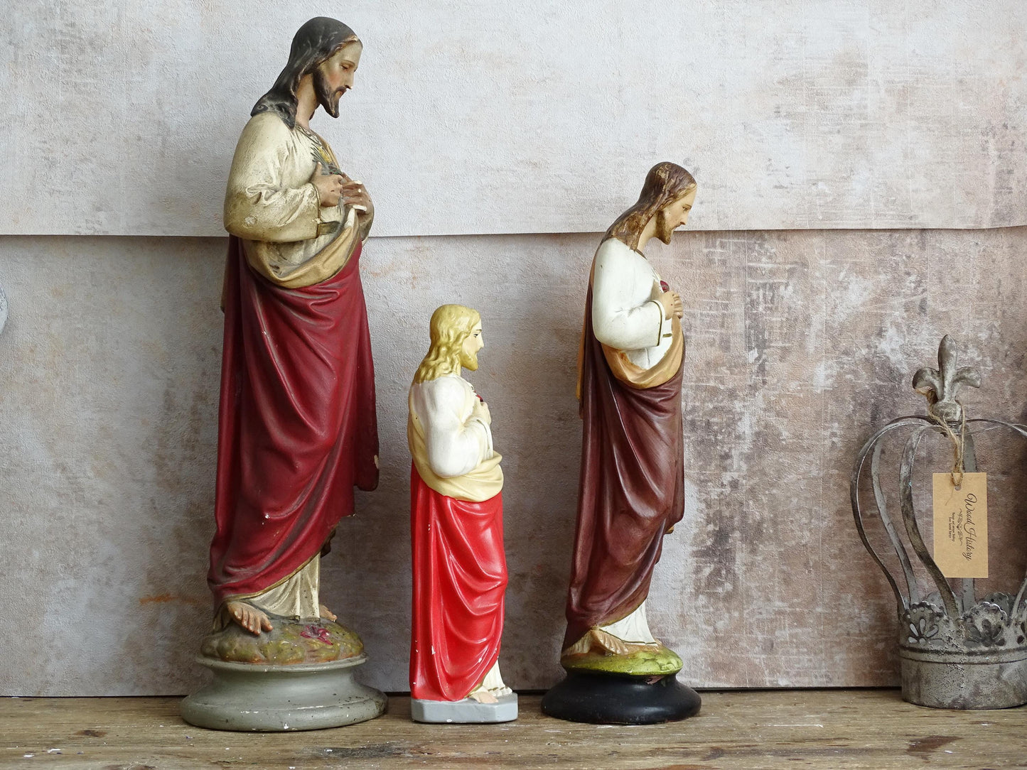 Antique Sacred Heart Jesus Statue: Plaster Hand-Painted Chalkware, Catholic Statuary