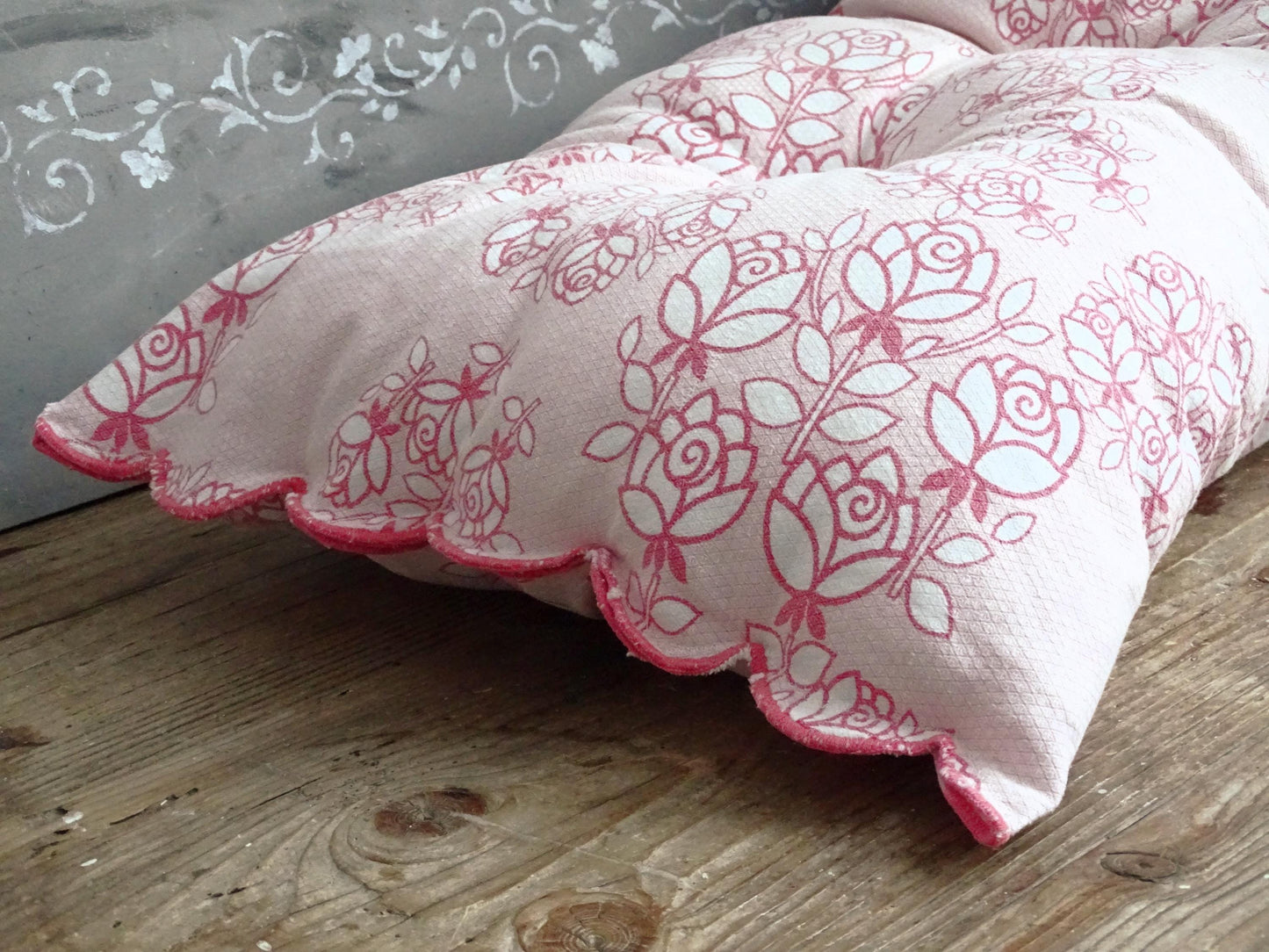 Antique Grain Sack Bench Cushion, Red Stripe Tufted Pillow, Washed Linen Seat Pad
