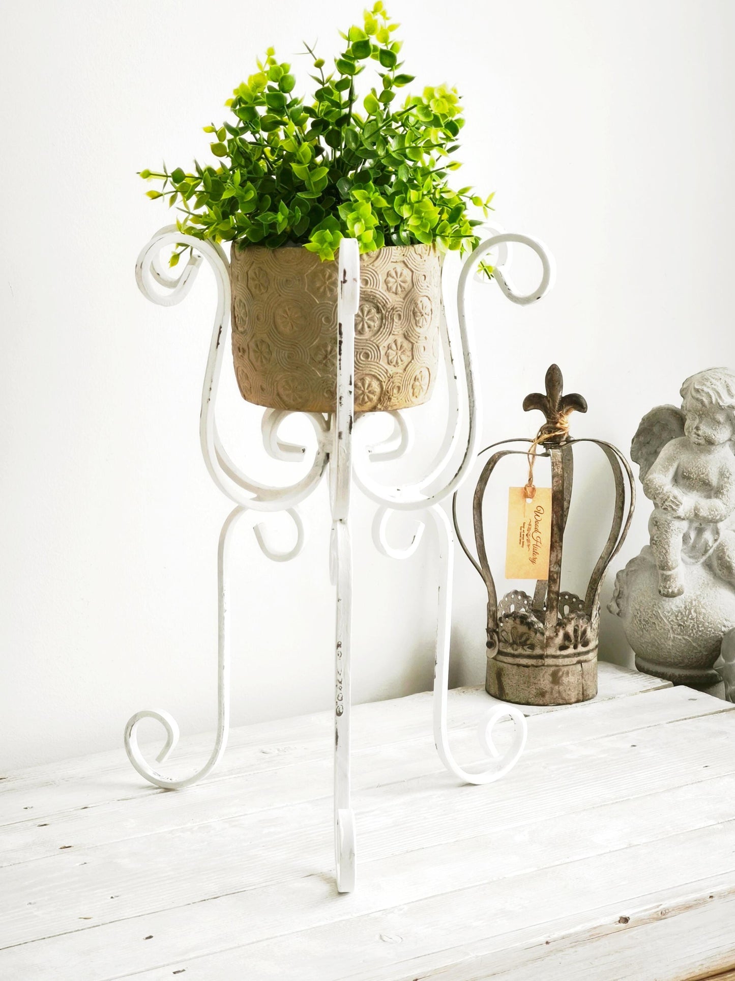 White Wrought Iron Plant Stand: Shabby Chic Metal Basket, Planter