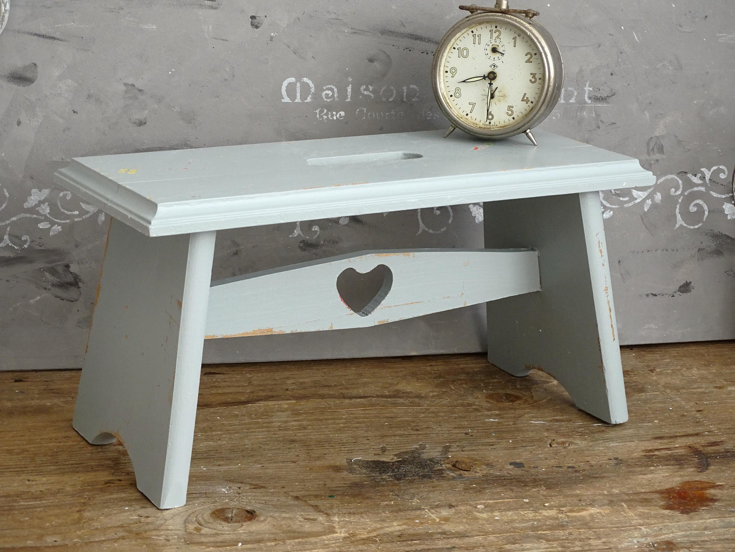 Blue Wood Step Stool Carved Heart, Rustic Farmhouse Plant Stand Bench