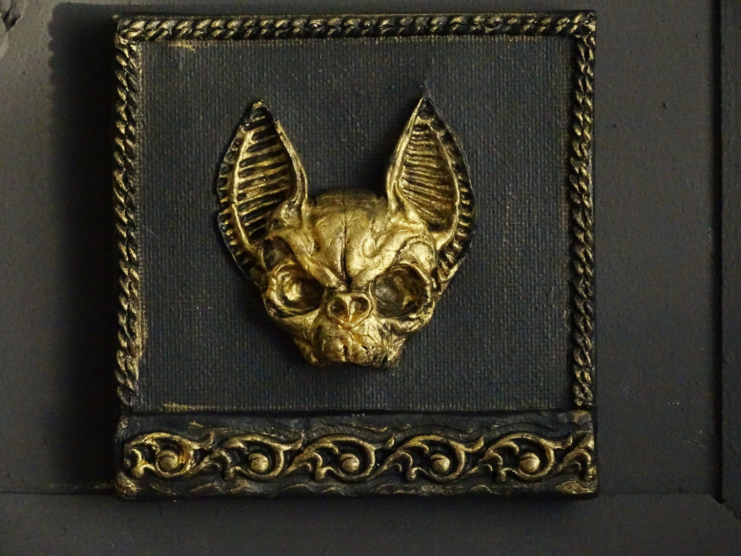 Black Gold Bat Skull Wall Plaque: Framed Faux Taxidermy Wall Sculpture