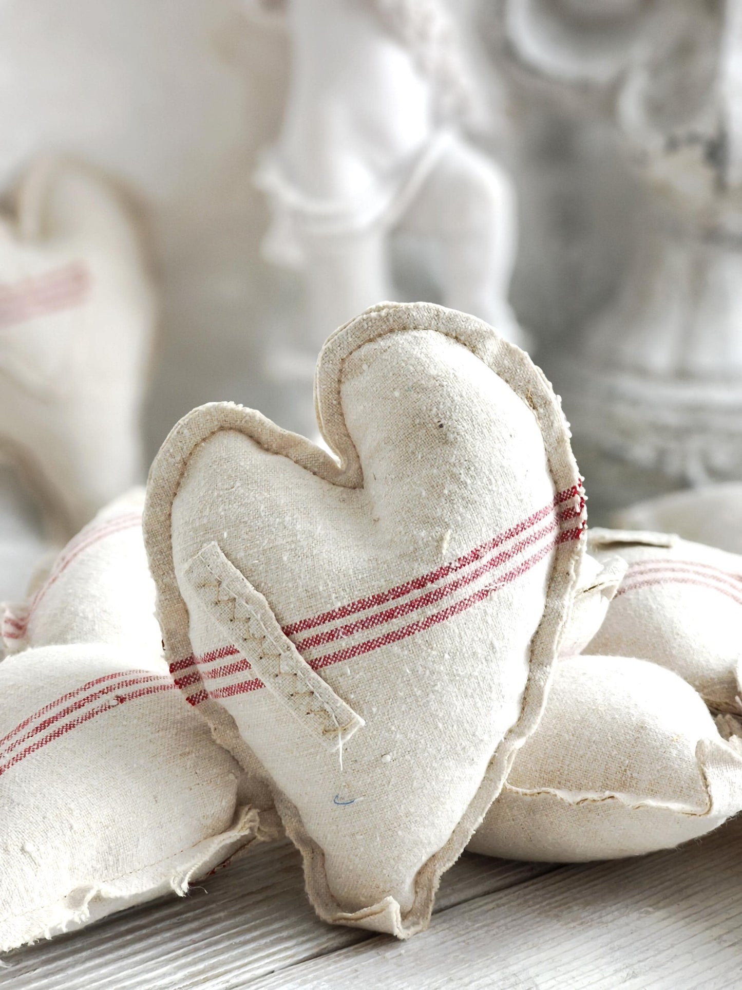 Large Antique Linen Heart Red Stripe, Primitive Farmhouse Cloth Bowl Filler, Wall Hanging Grain Sack Fabric Stuffed Valentine Heart Ornament
