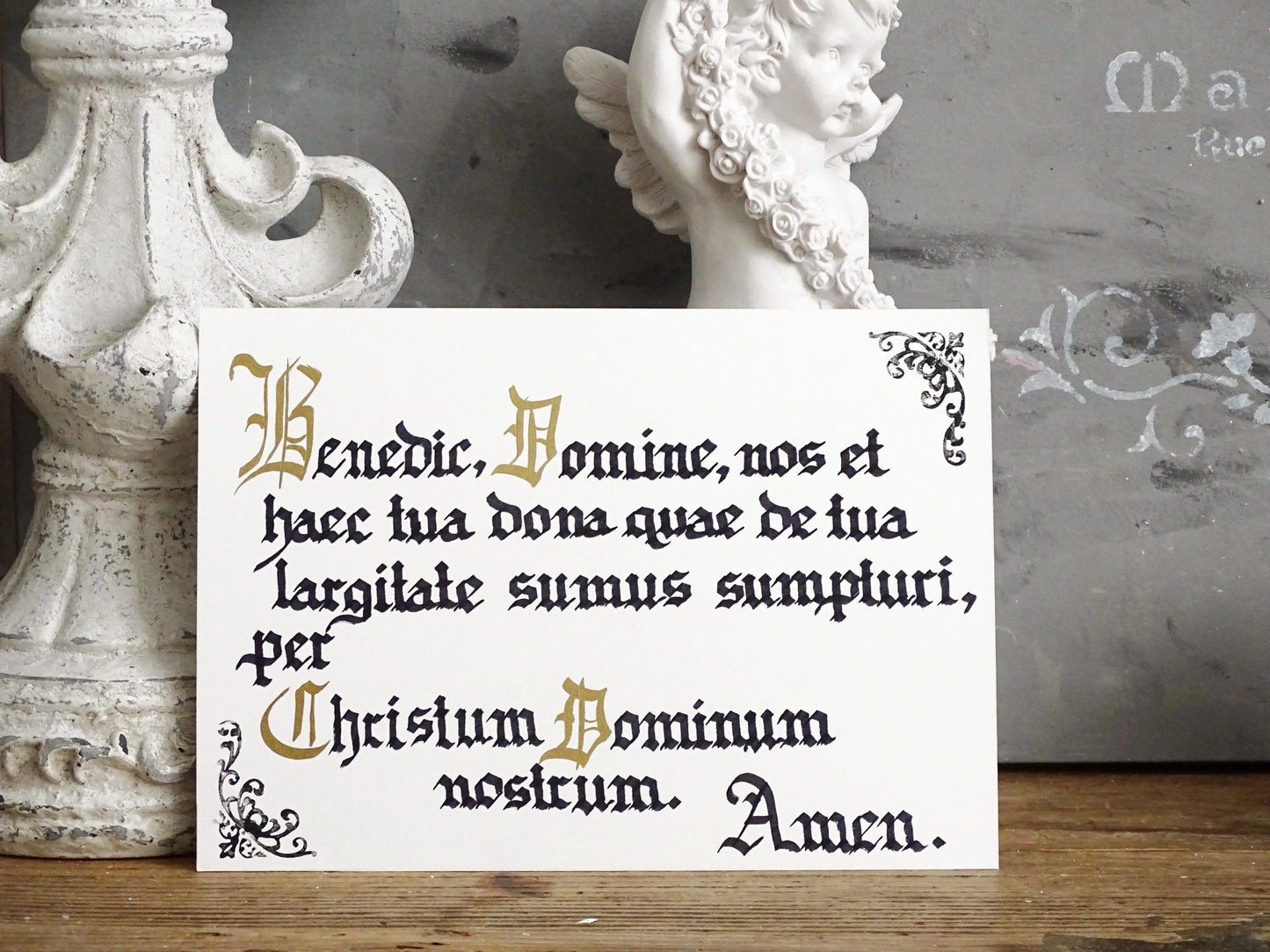 Latin Prayer Before Meal, Handwritten Catholic Blessing, Gothic Calligraphy Manuscript