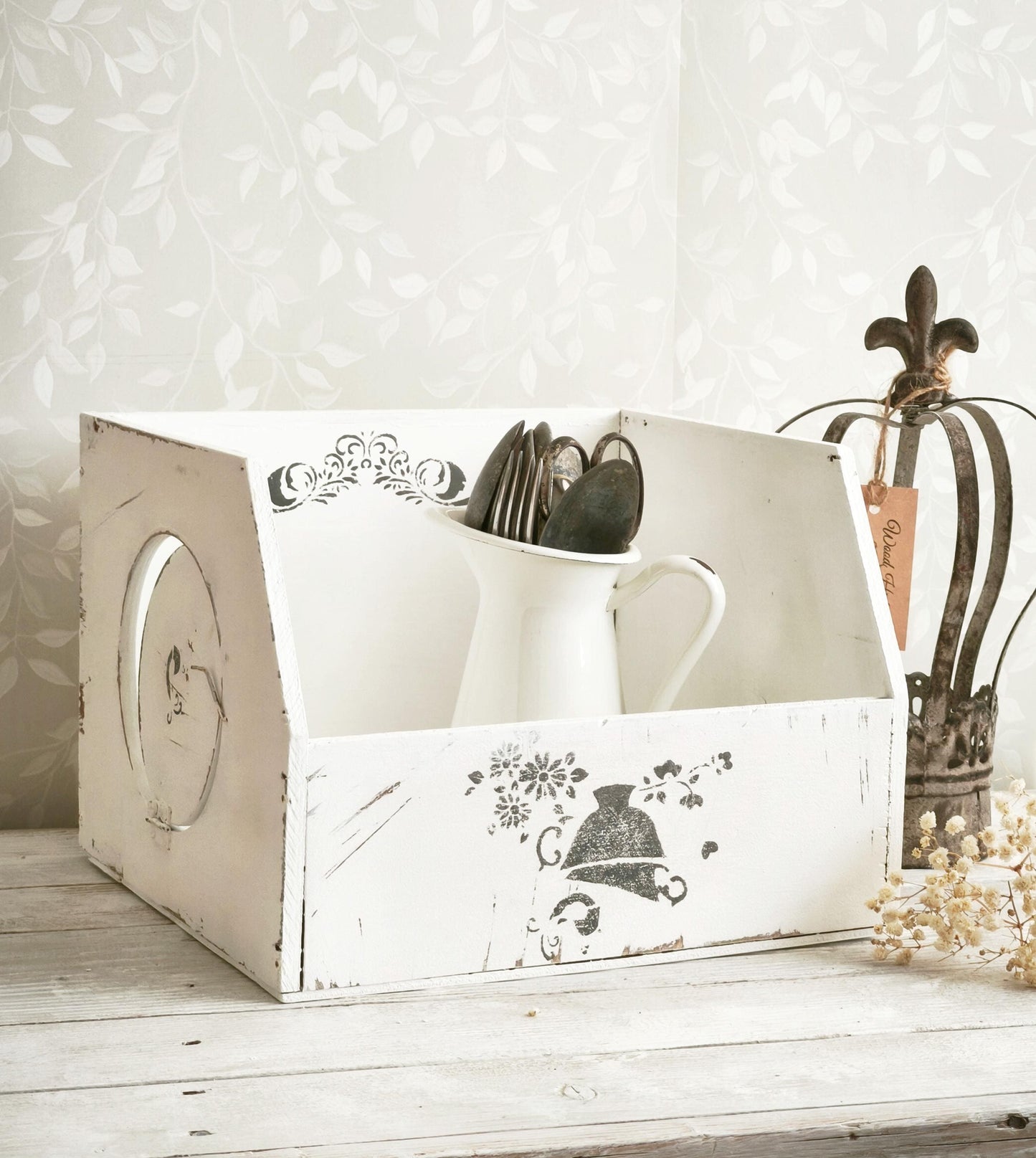 White Wood Storage Box w/ Side Opening, Crate, Tray, Shabby Chic, Large Kitchen Counter Display Box, Modern Farmhouse Decor