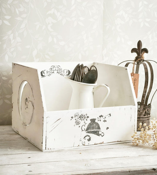 White Wood Storage Box w/ Side Opening, Crate, Tray, Shabby Chic, Large Kitchen Counter Display Box, Modern Farmhouse Decor