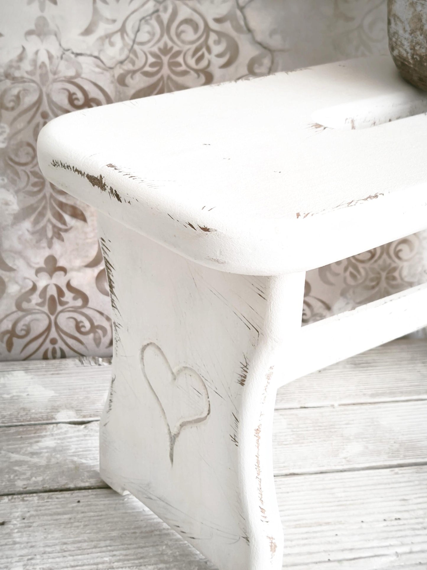 White Wood Step Stool Carved Heart, Rustic Farmhouse Plant Stand Bench