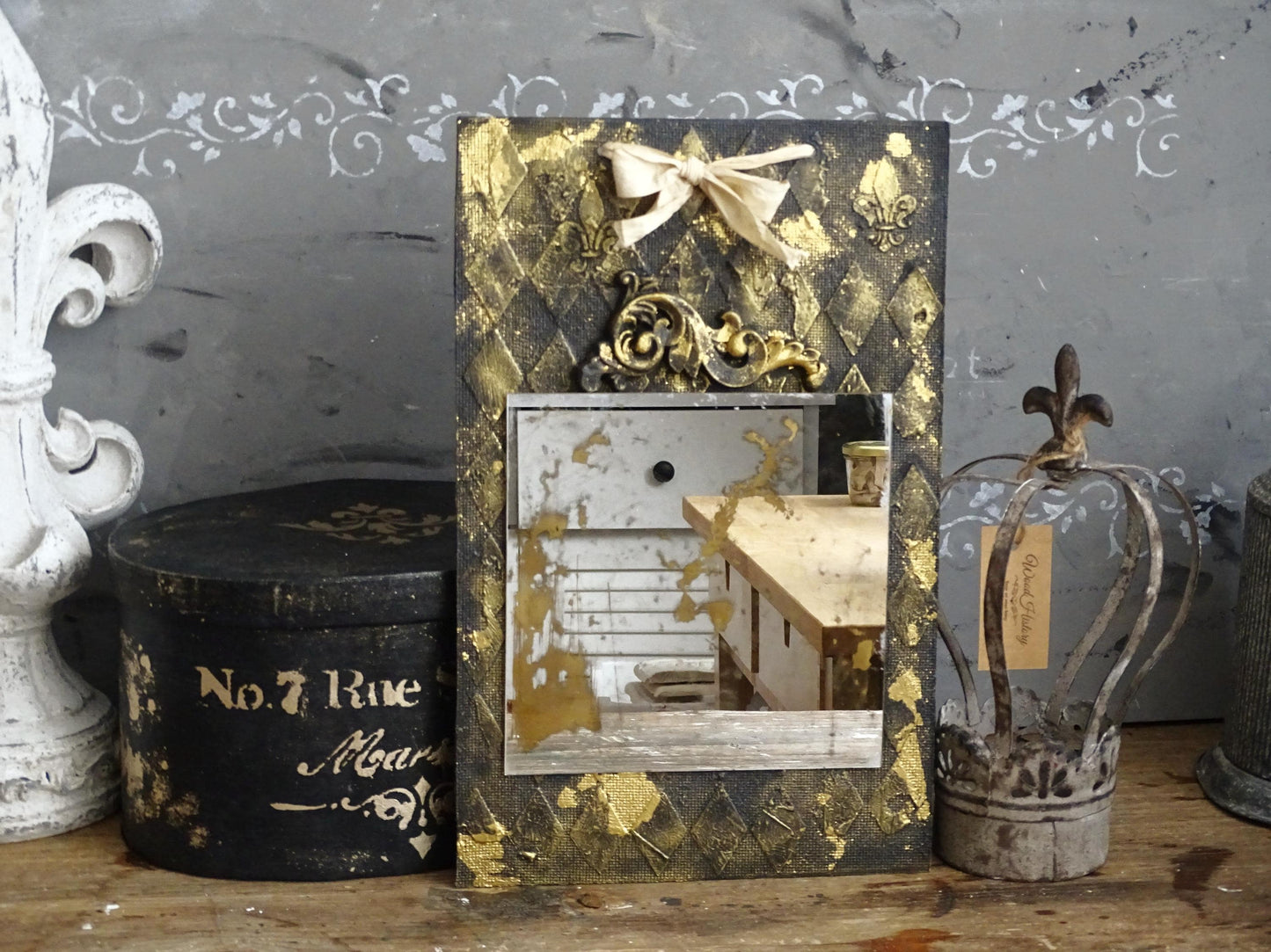 Handmade Stained Wall Mirror Black Gold, Old Looking Antiqued Distressed Wall Mirror, Hand Silvered Aged Wall Mirror