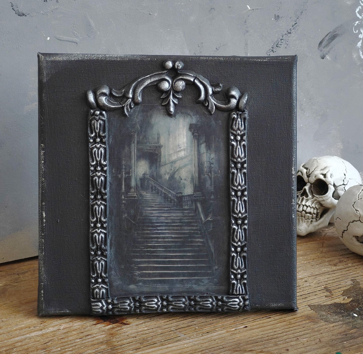 Moonlit Haunted Castle, Gothic Original Artwork on Wood, Hand Painted, Hand Lettered