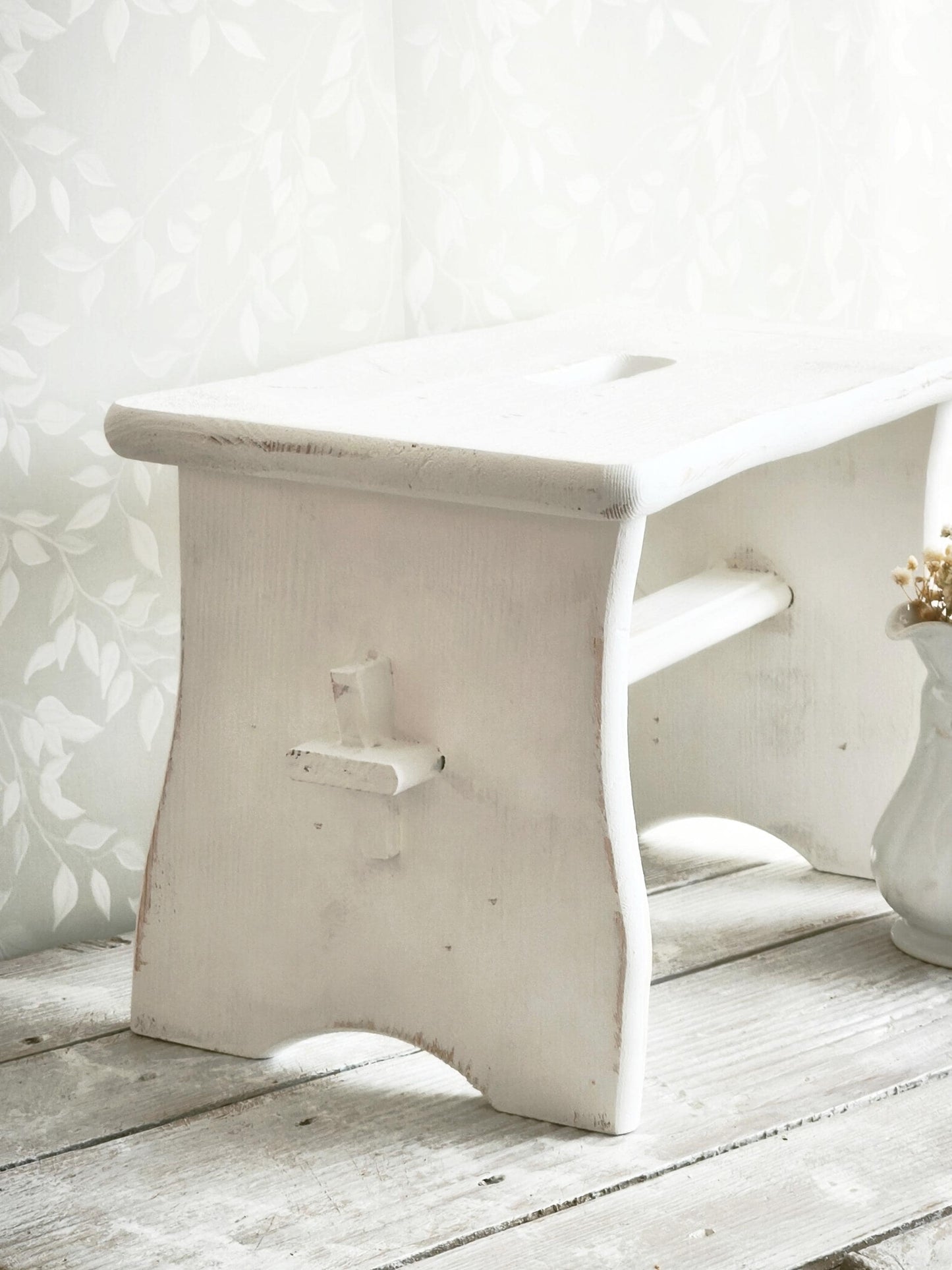 Primitive White Wood Step Stool: Rustic Modern Farmhouse Decor, Plant Stand